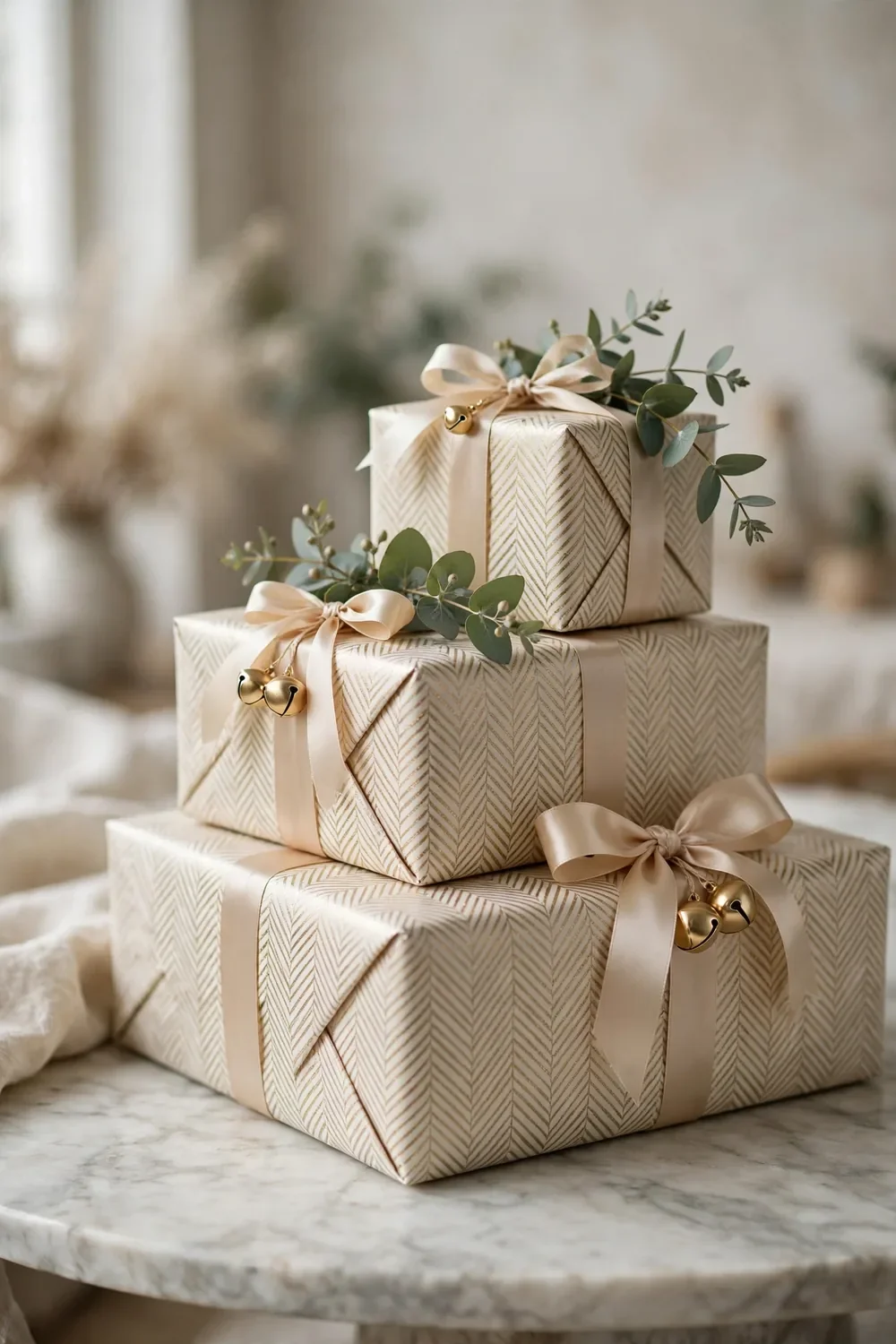 Elegant herringbone print wrapping paper in charcoal and cream, a sophisticated christmas wrapping station idea