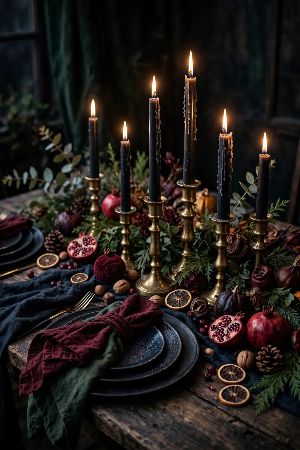 Moody Thanksgiving tablescape in jewel tones with brass candlesticks