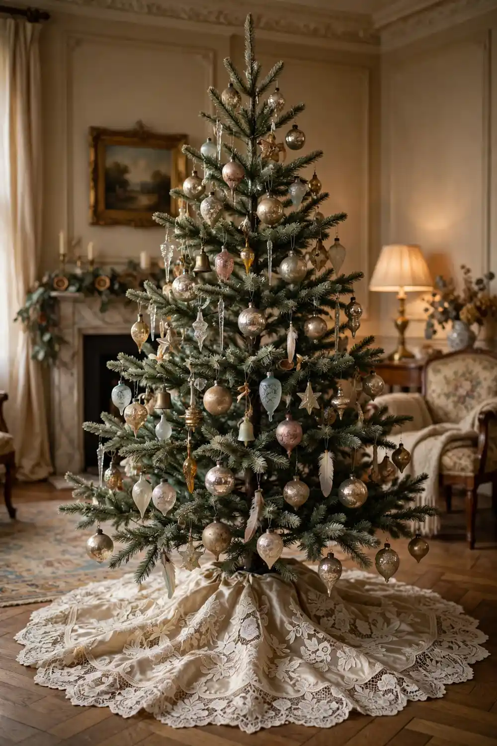 Lace overlay Christmas tree skirt idea Ivory lace overlay Christmas tree skirt with floral lace over champagne satin
