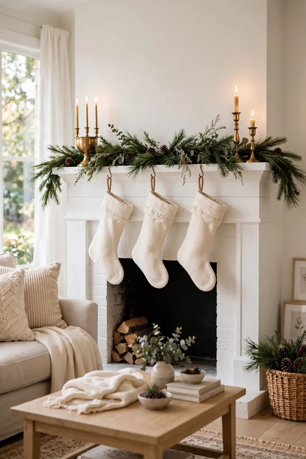 Lace-trimmed Christmas stockings hanging on a decorated white mantel