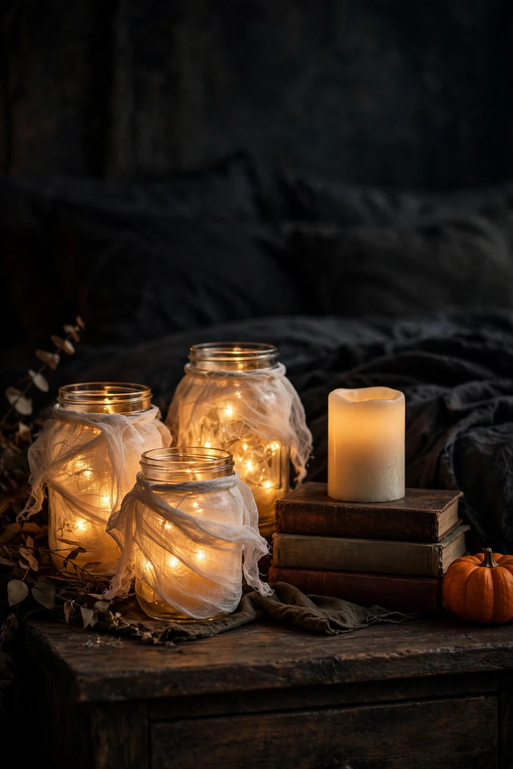 Glowing lantern jars styled on a Halloween nightstand Nightstand with glowing cheesecloth lantern jars, a cozy halloween bedroom decor idea for bedtime