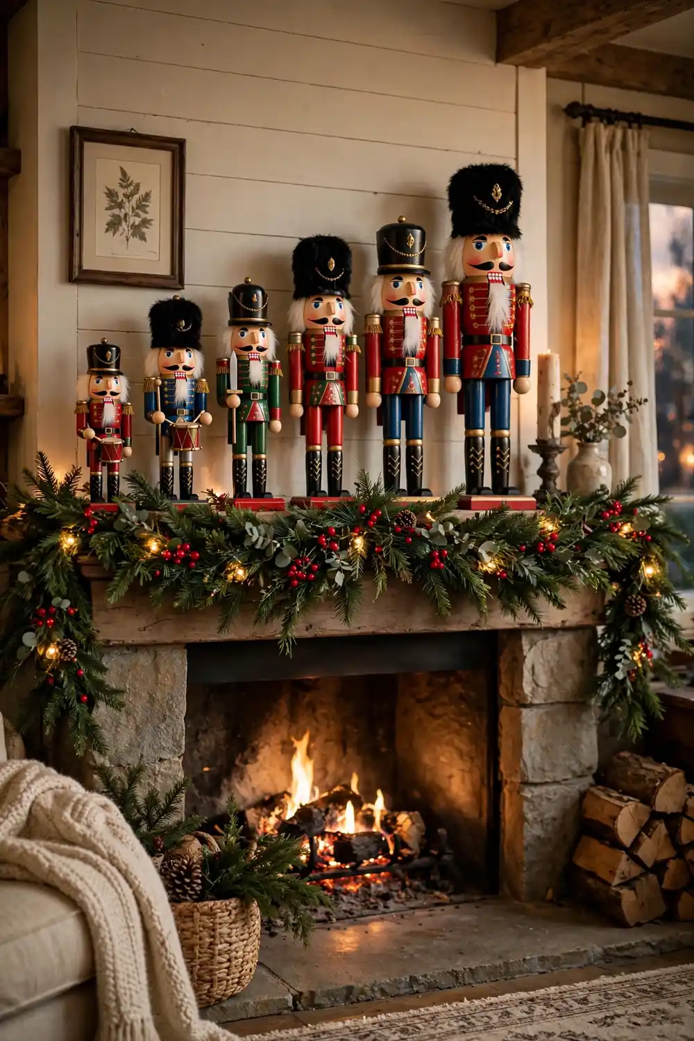 Christmas mantel decor idea with a graduated nutcracker lineup Nostalgic nutcracker lineup in graduated heights, a classic christmas mantel decor idea