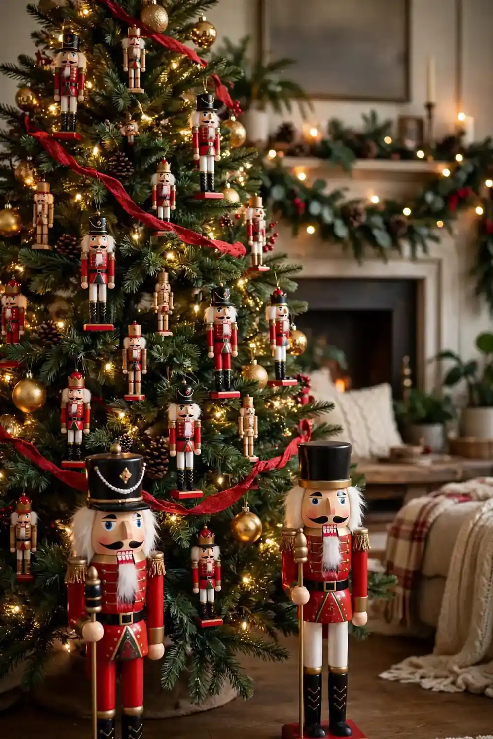 Christmas tree decorated with nutcracker ornaments in red and gold, a nostalgic christmas tree decor idea for families