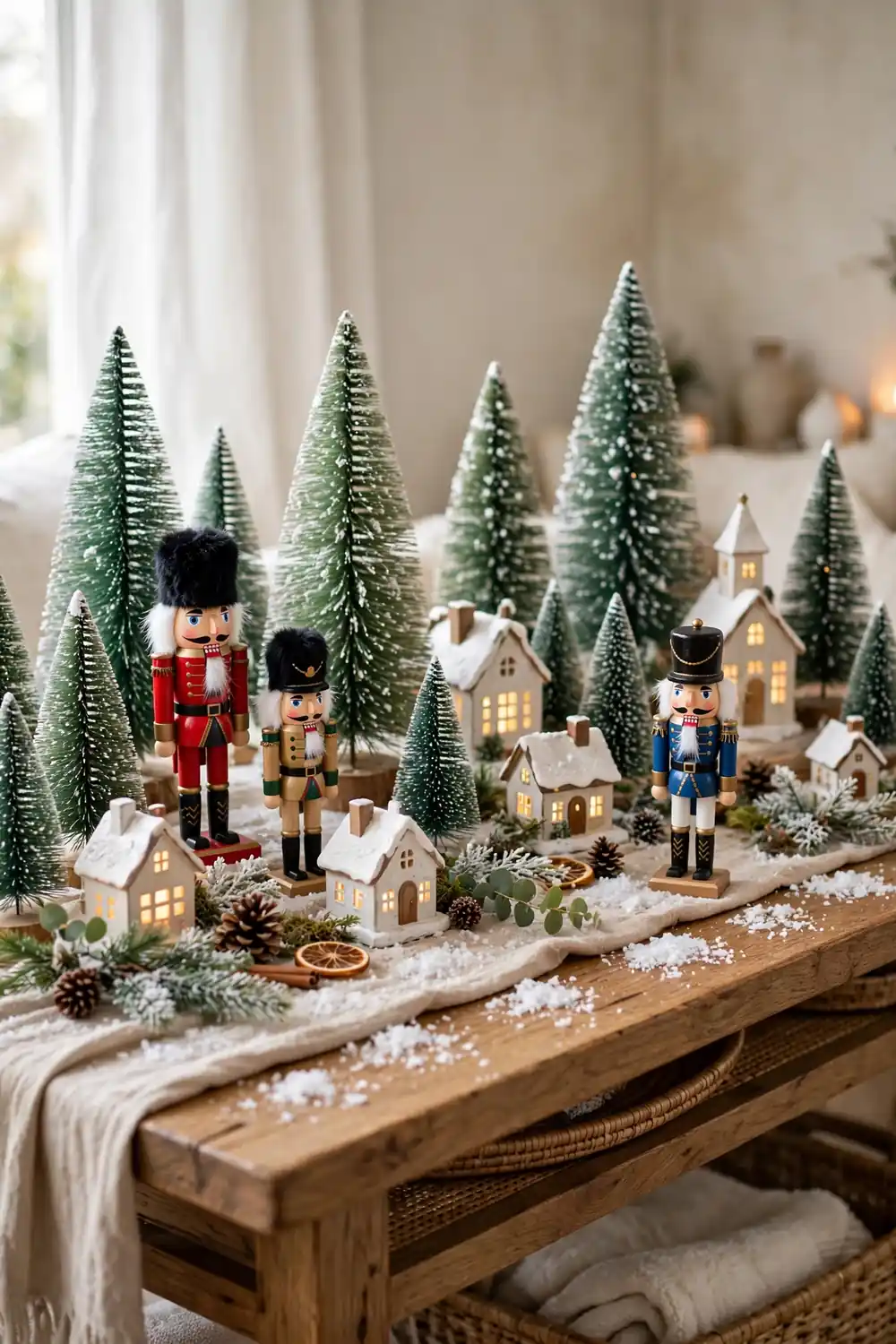 Nutcracker Tabletop Village Tabletop nutcracker Christmas village with bottle-brush trees