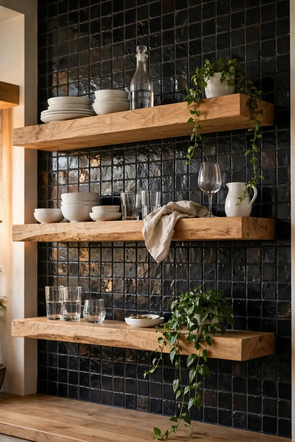 White oak and black kitchen ideas with oak open shelves on black tile backsplash