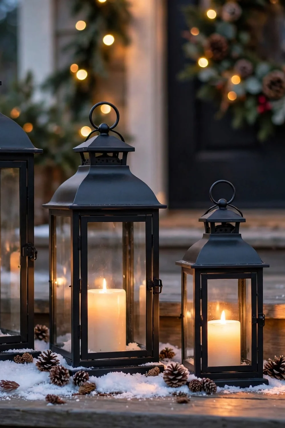 Oversized lanterns with flameless candles on porch steps Oversized lanterns with glowing flameless candles on porch steps, a warm christmas porch decor idea for evening light