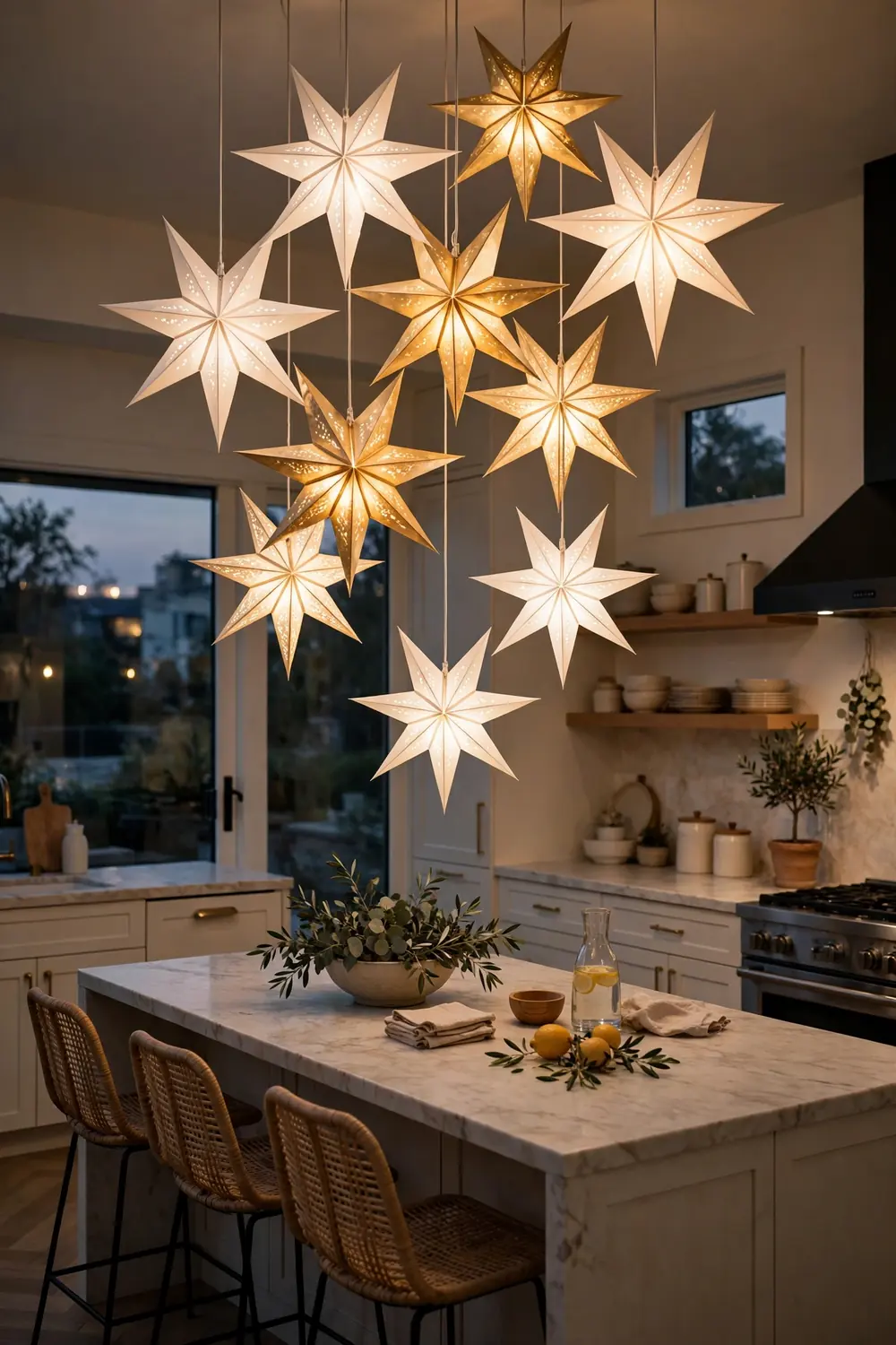Glowing paper star lanterns hanging over a kitchen island at dusk, a trending christmas kitchen decor idea