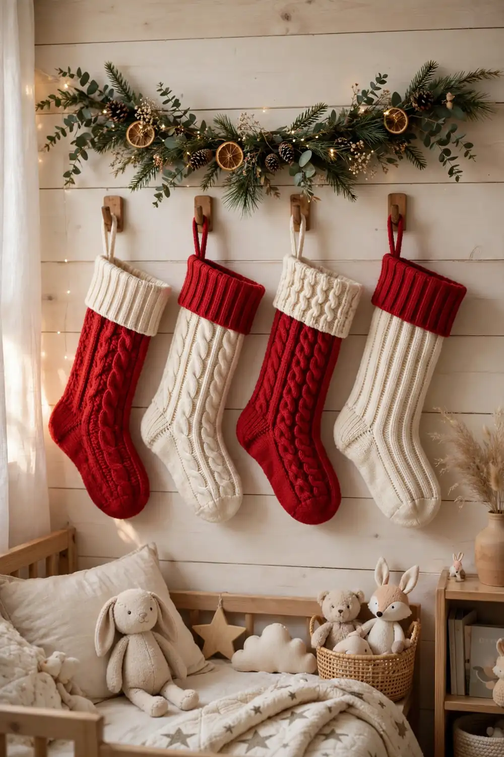 Personalized Christmas Stockings for Kids Christmas kids room decor ideas with personalized stockings hanging on a bedroom wall