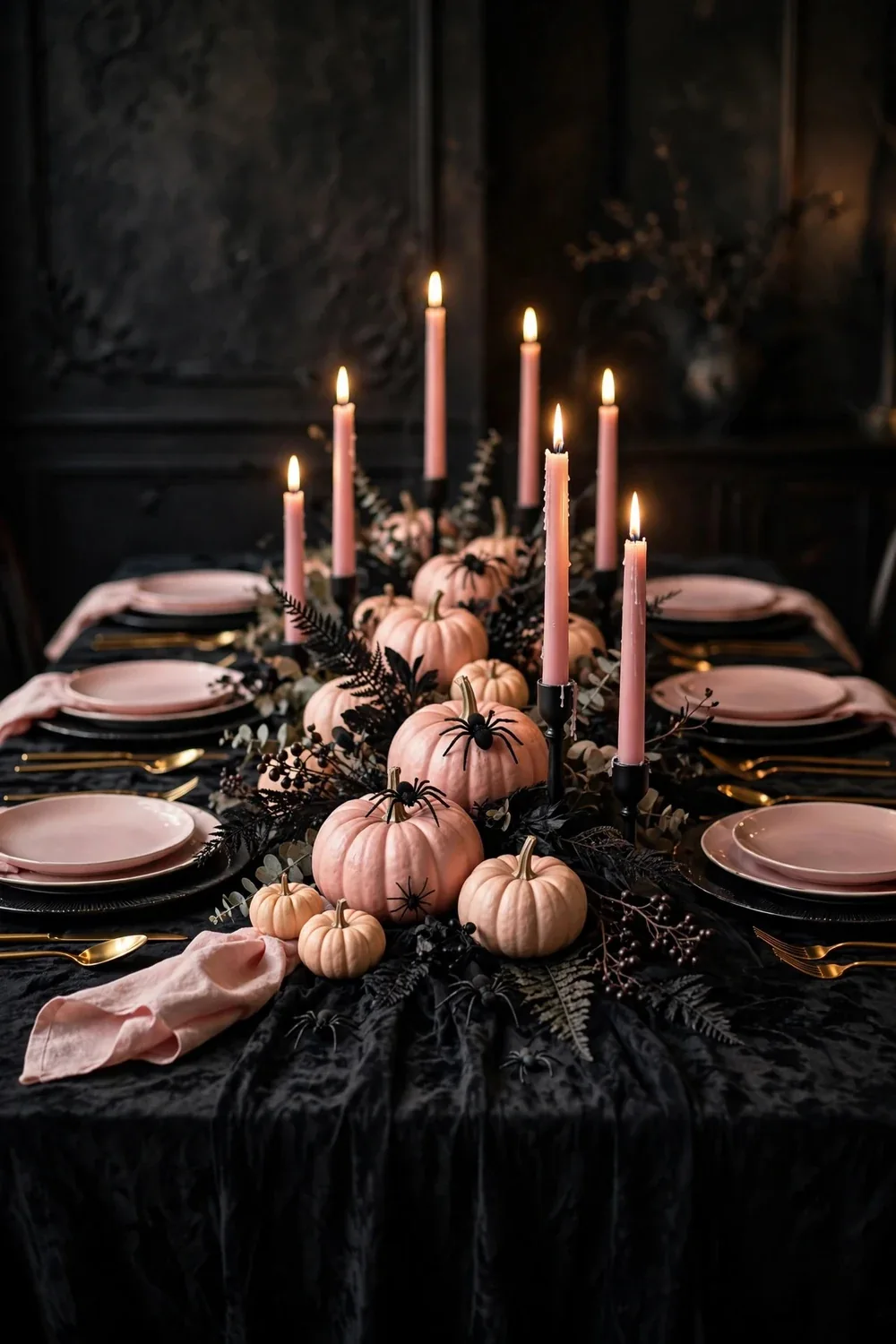 Pink and black Halloween tablescape with blush plates and pink candles