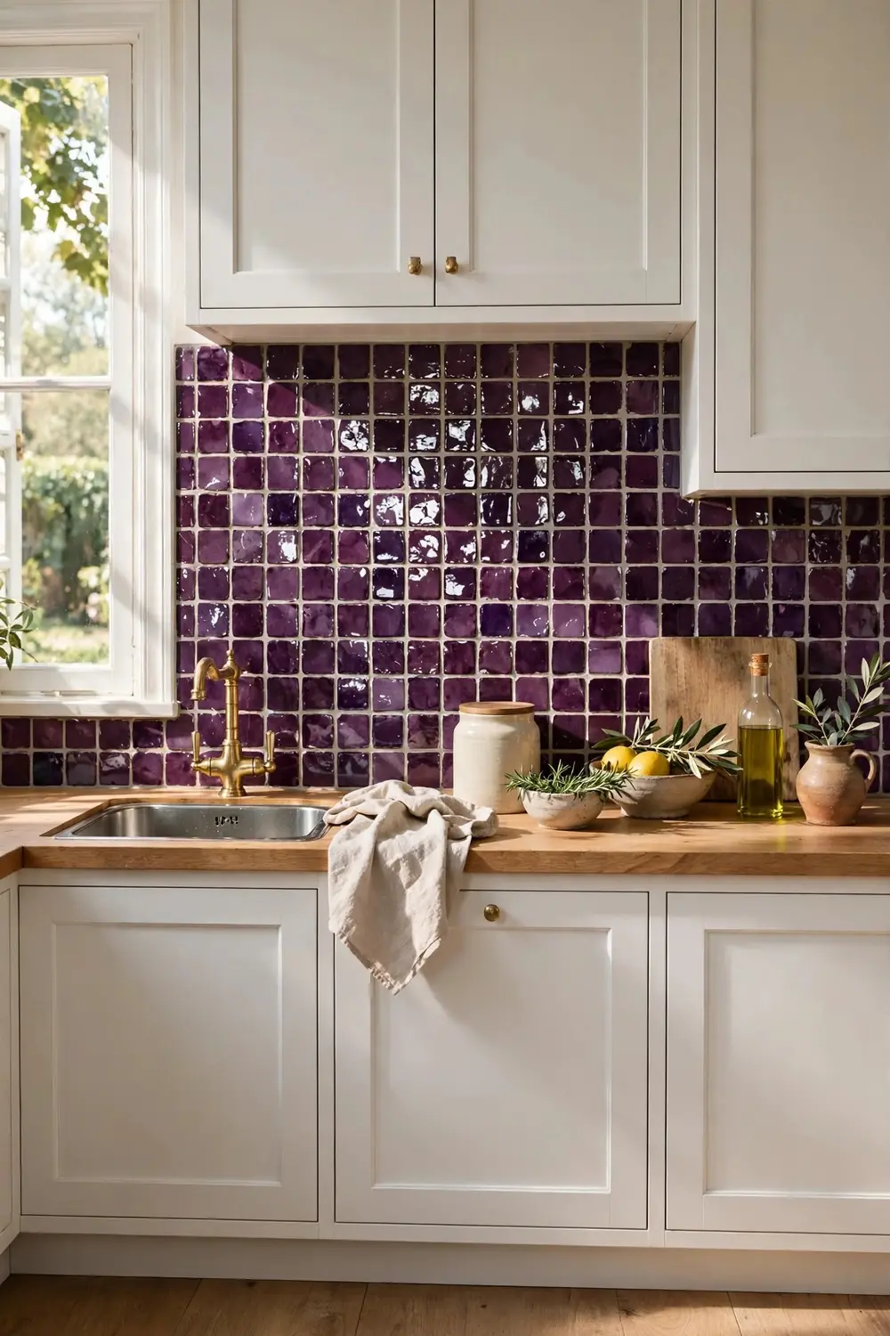 Kitchen with plum zellige tile backsplash and white cabinets
