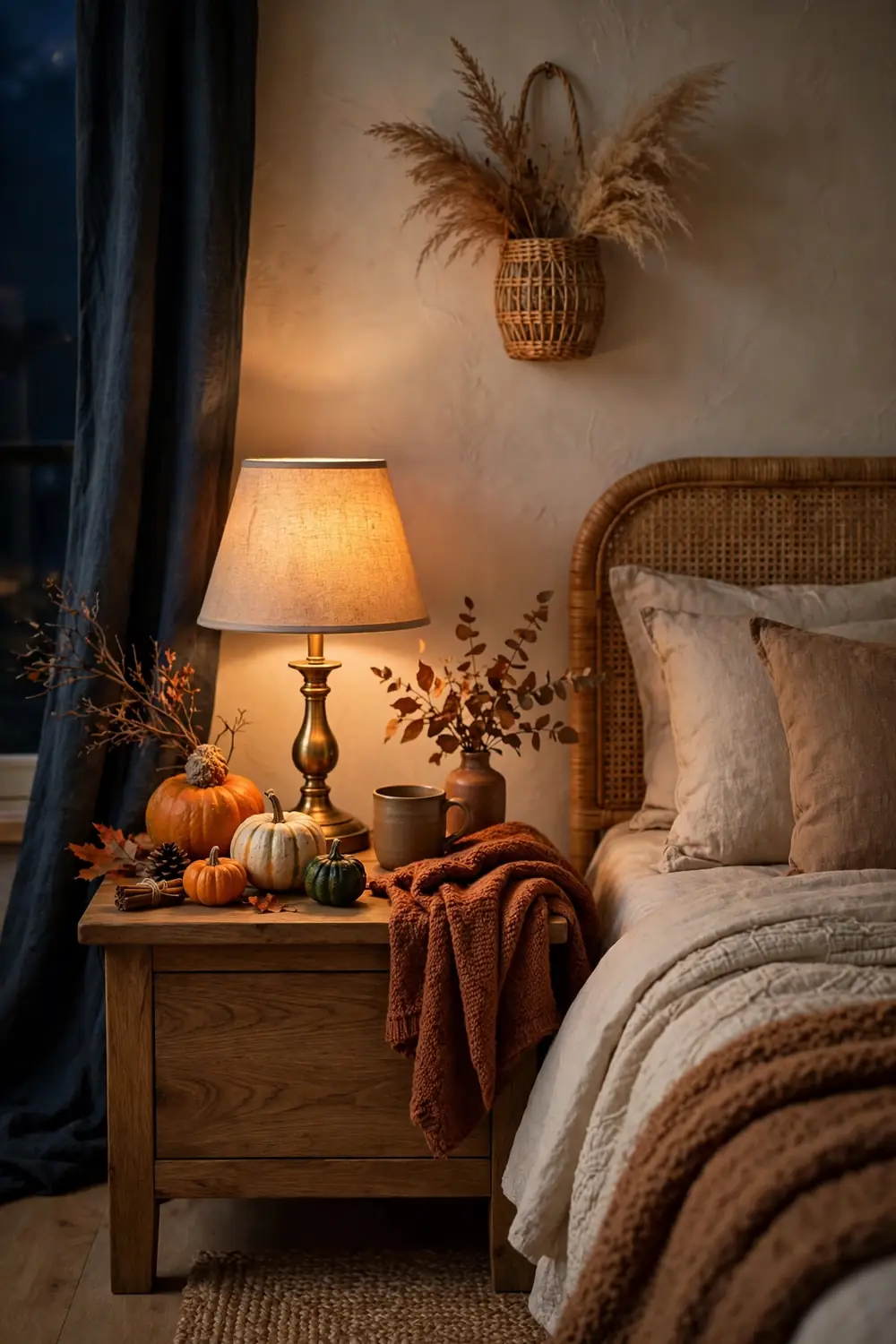 Thanksgiving guest bedroom decor ideas with a pumpkin and gourd nightstand vignette