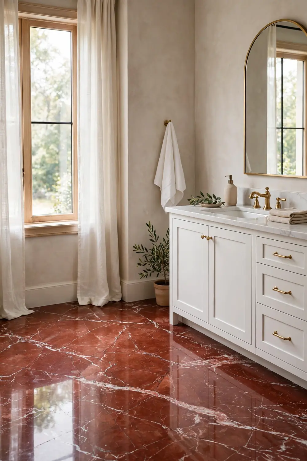 Red Marble Floors With Calm Neutral Walls Bathroom floor in red marble bathroom ideas with warm Rojo Alicante stone and neutral walls