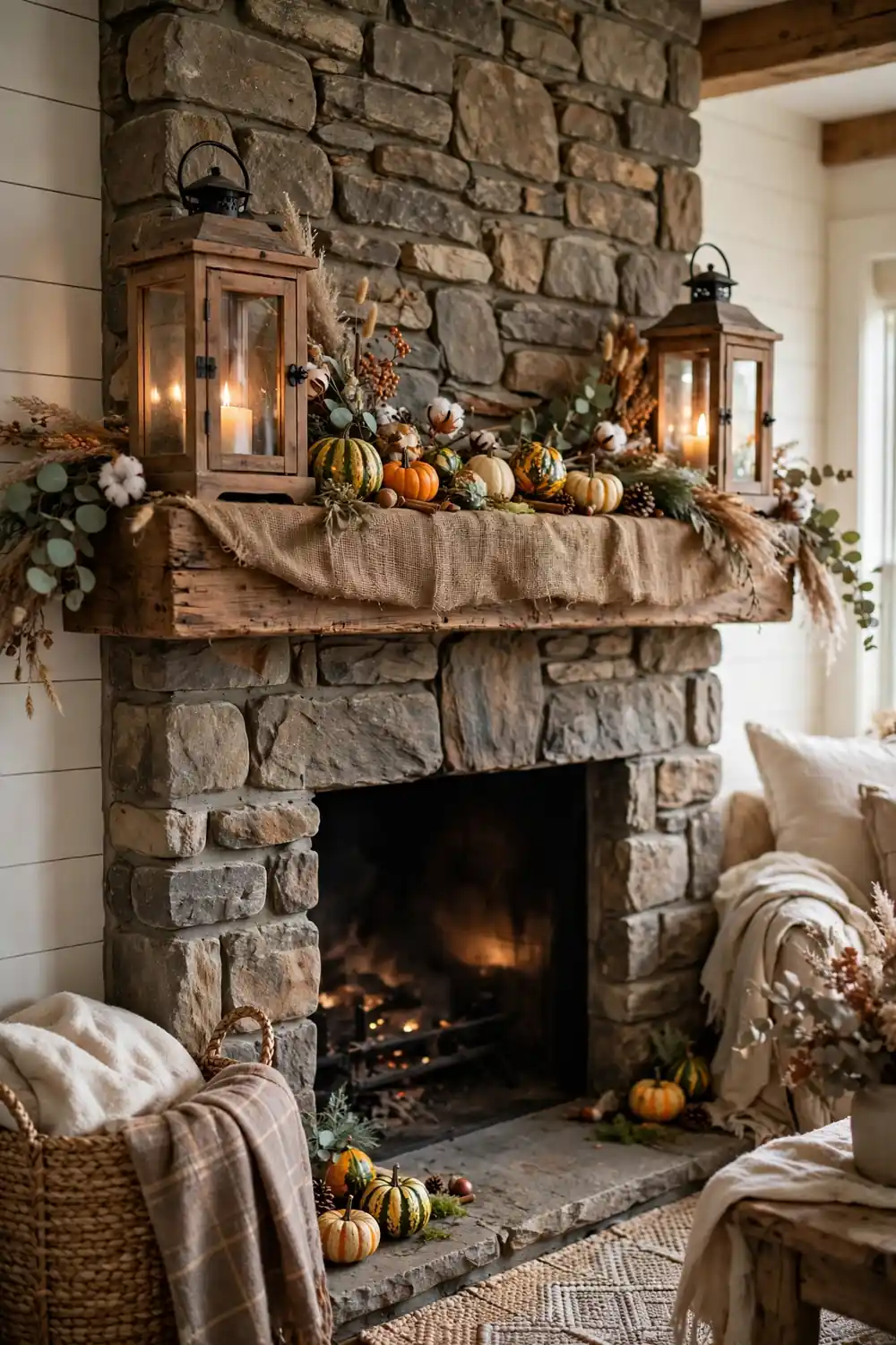 Thanksgiving mantel decor ideas with rustic wooden lanterns, candles, and small gourds
