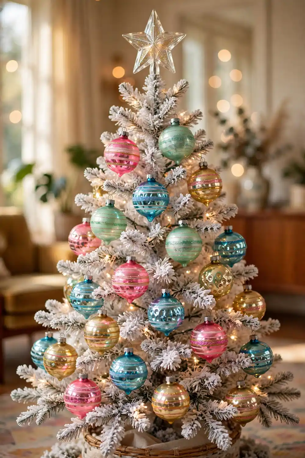 Shiny Brite ornaments on a flocked tree Flocked Christmas tree decorated with colorful vintage Shiny Brite ornaments, a beloved vintage christmas decor idea
