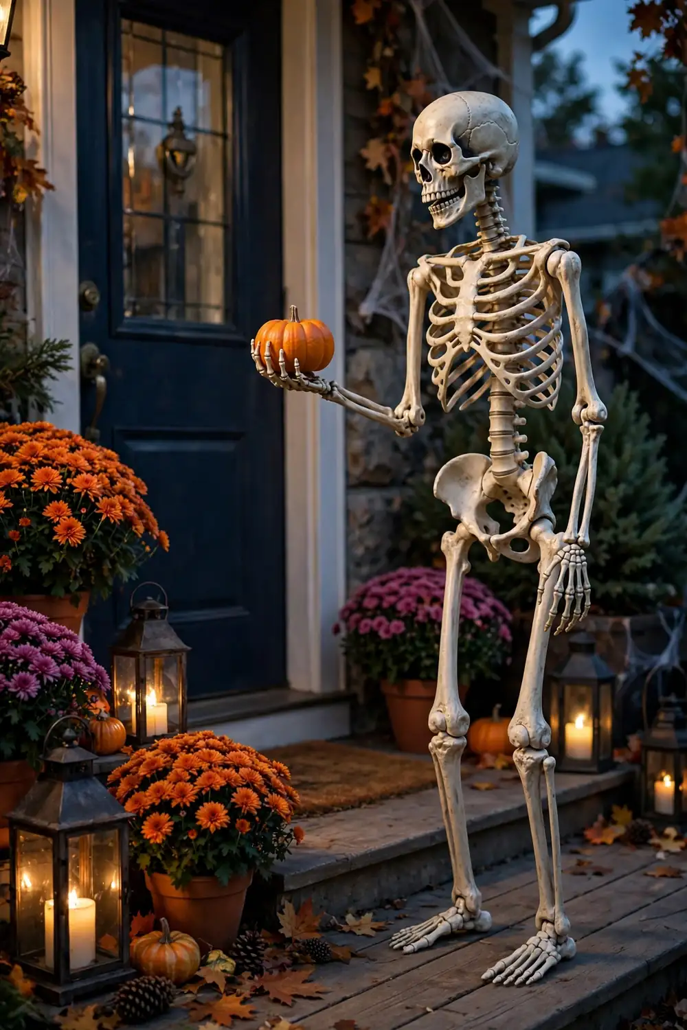 Life Size Skeleton Greeting Guests Halloween porch decor with a life size skeleton posed beside a front door holding a pumpkin