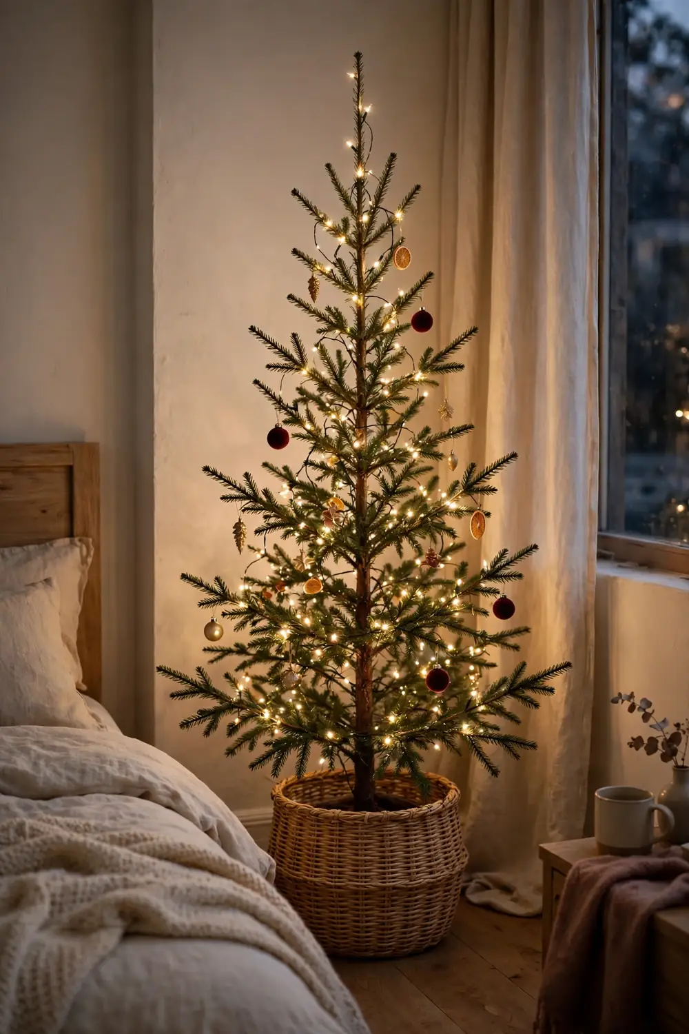 Slim lit Christmas tree in a basket in a cozy bedroom corner, a magical christmas bedroom decor idea