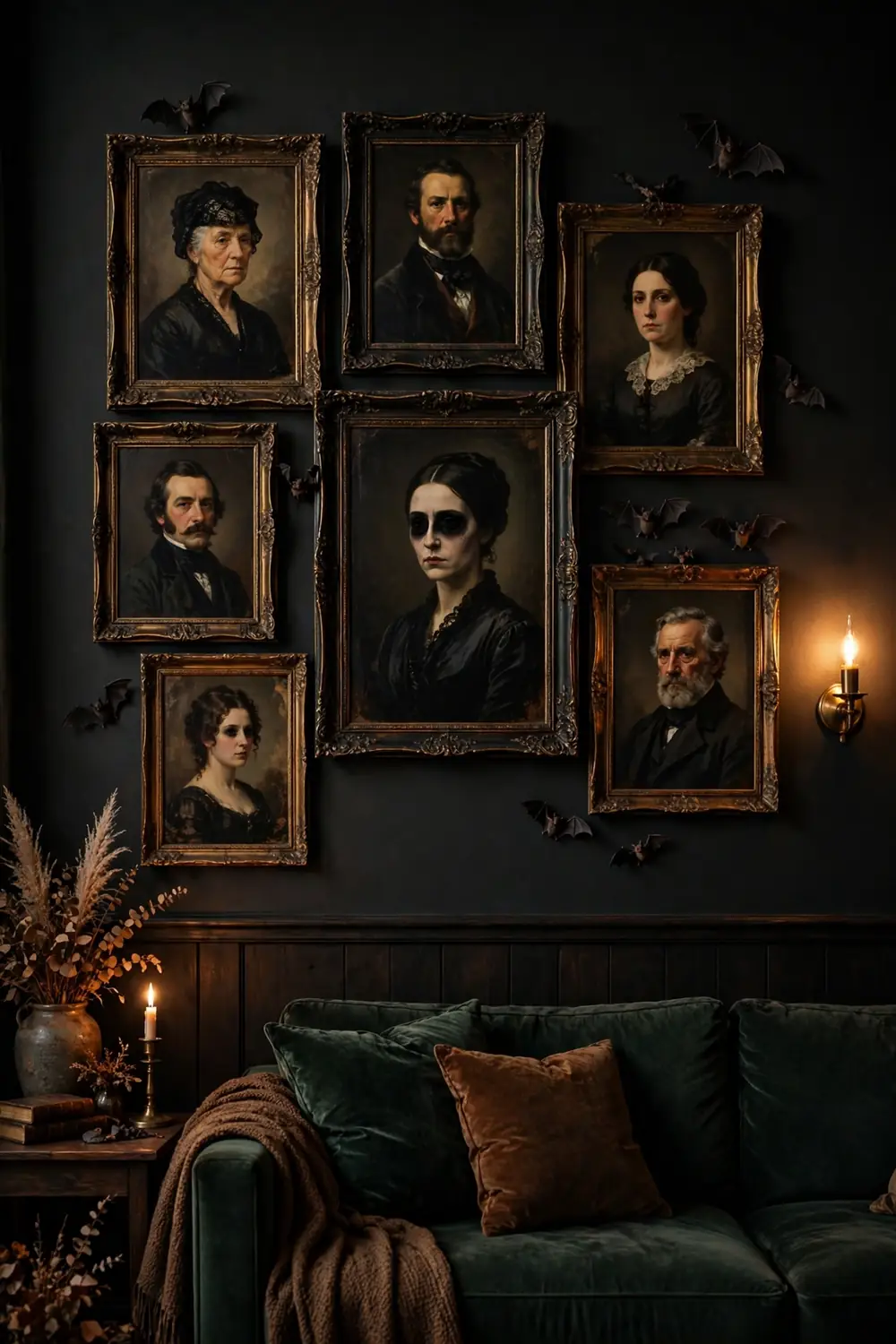 Spooky Gallery Wall of Vintage Portraits Spooky gallery wall halloween living room decor ideas with vintage portraits in dark frames above a sofa