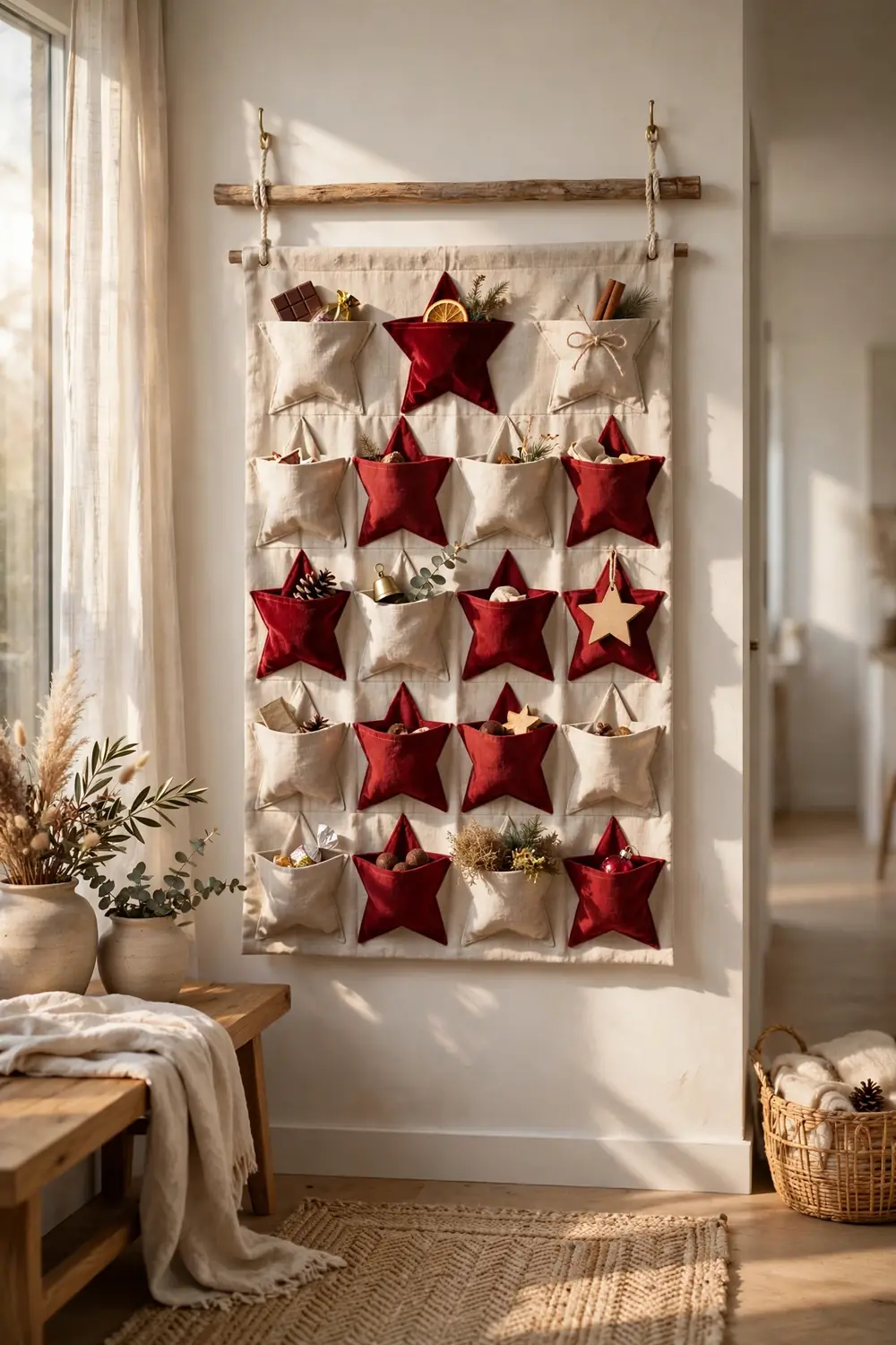 Star Pocket Advent Calendar Fabric advent calendar with 24 star-shaped pockets hanging on a hallway wall — star motif Christmas decor