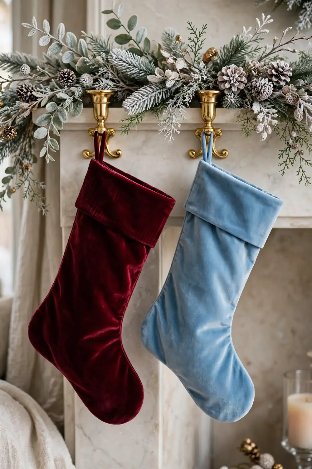 Luxe Velvet Burgundy and Sky Blue Christmas Stocking Decor Ideas Luxe velvet burgundy and sky blue christmas stocking decor ideas on an elegant mantel