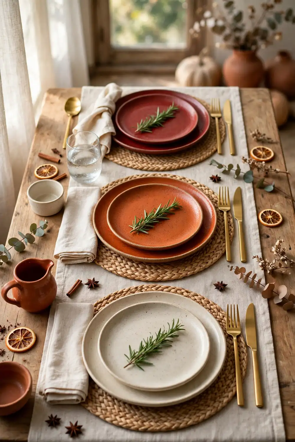 Warm toned Thanksgiving kitchen tableware setting Thanksgiving kitchen decor ideas with warm toned stoneware tableware and gold flatware on a breakfast table