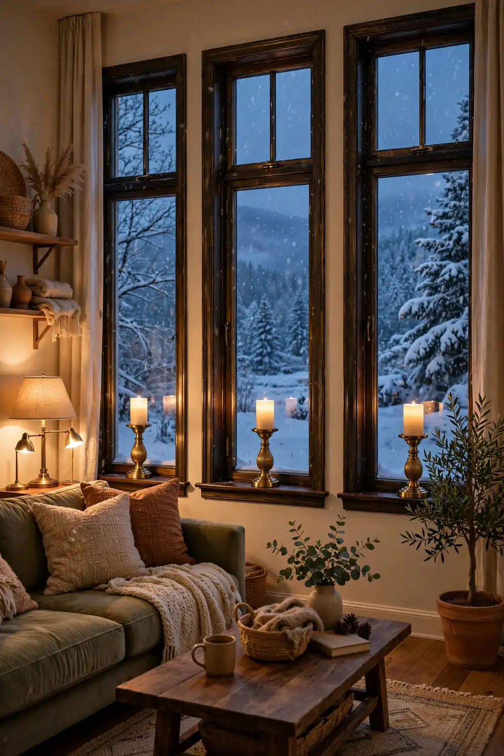 Living room windows with glowing candles at dusk for Christmas