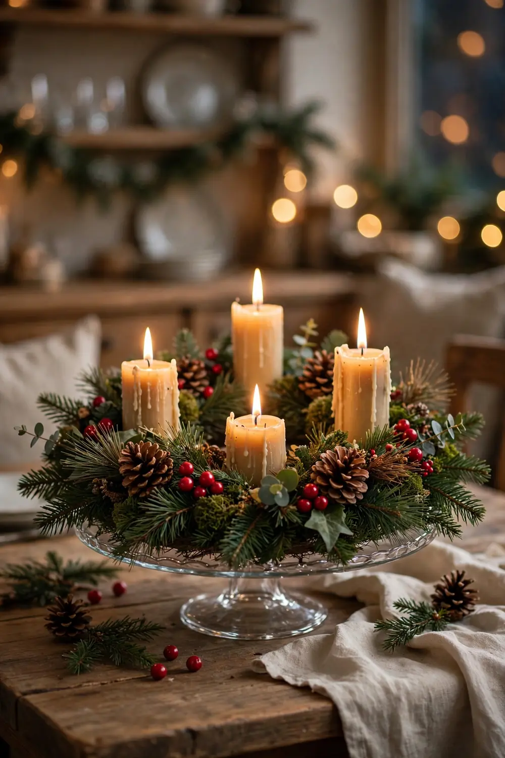 Advent wreath with four lit candles in evergreen, a traditional christmas candle decor idea for the dining table