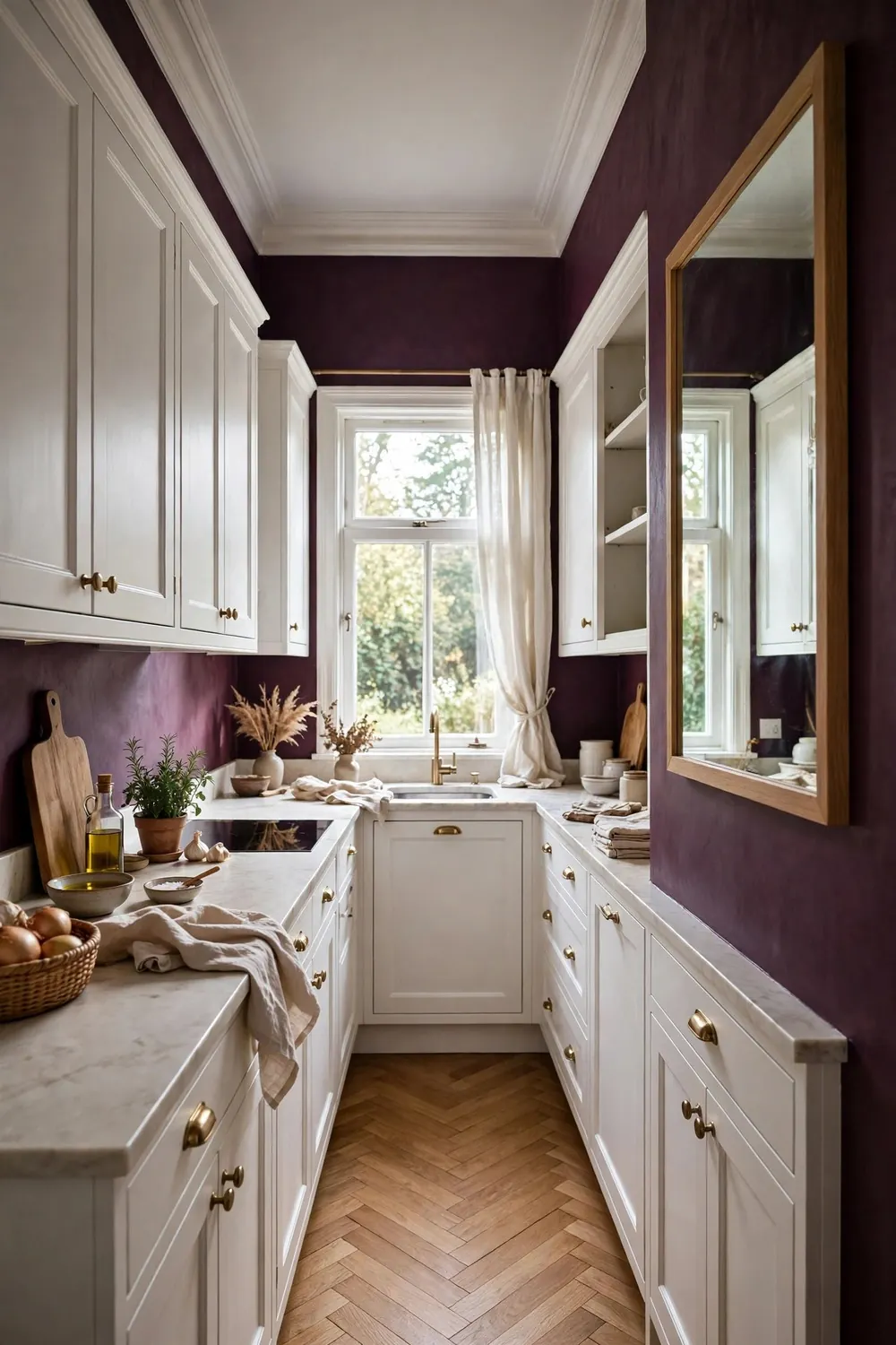 Galley kitchen with aubergine walls and white cabinets