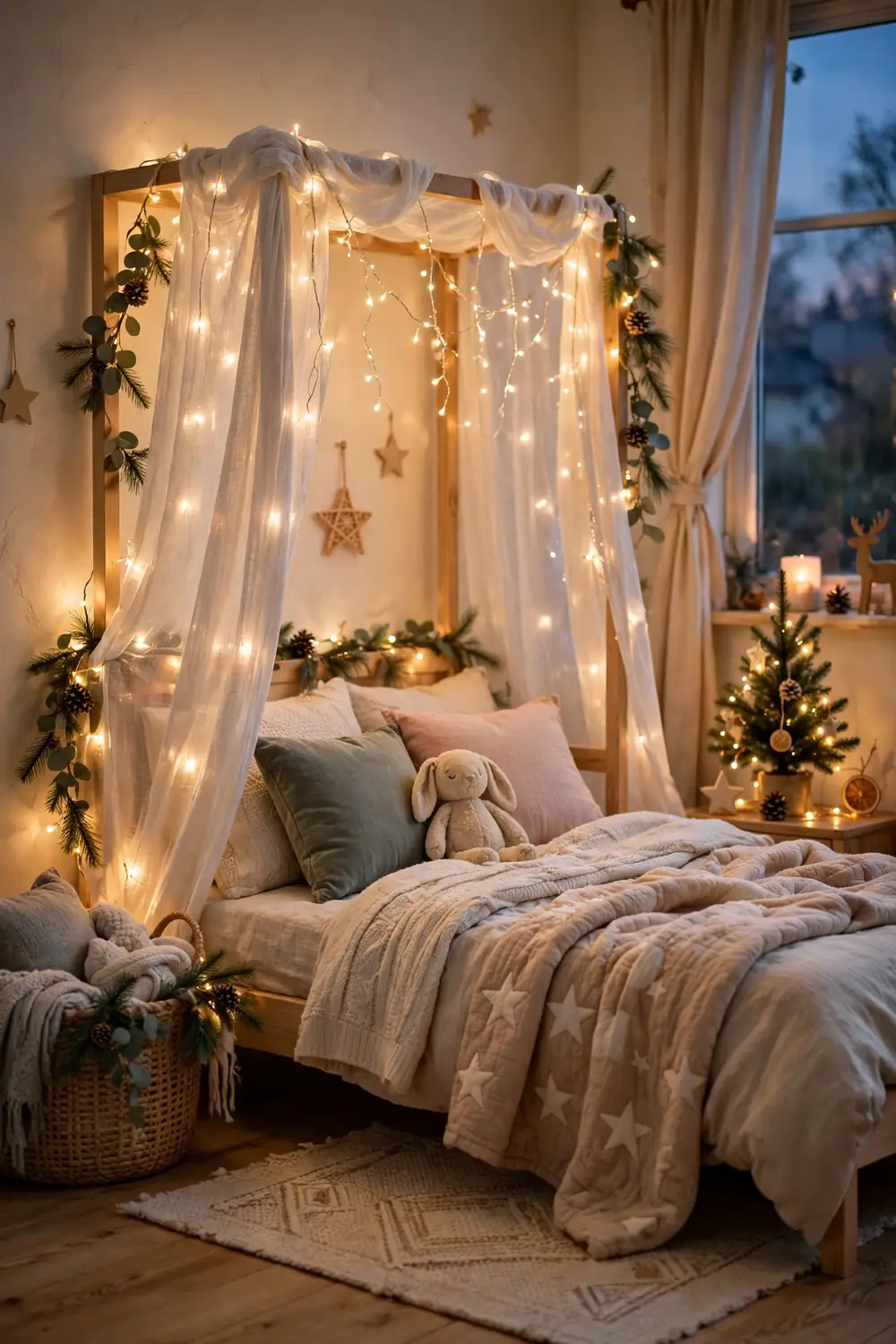 Battery Fairy Light Canopy for a Kids Bedroom Christmas kids room decor ideas with battery fairy lights draped over a child bed canopy