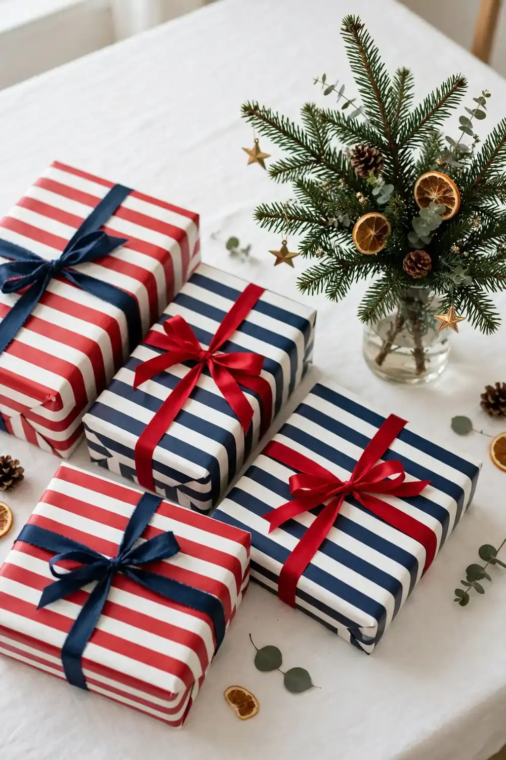 Bold striped wrapping paper in red and white on wrapped gifts, a striking christmas wrapping station idea