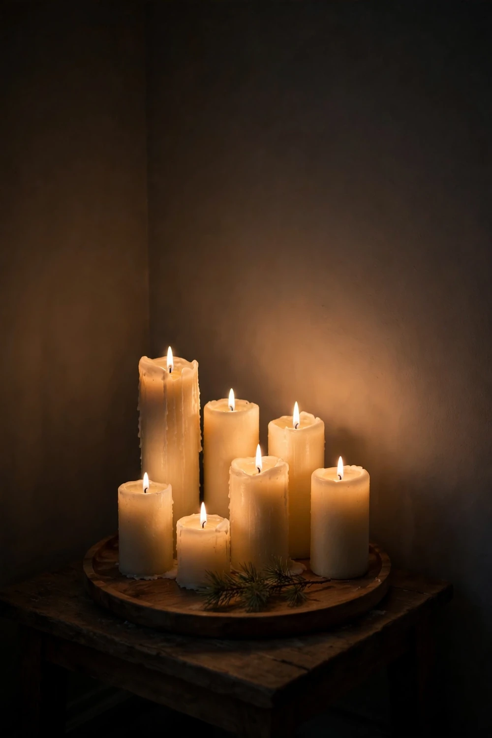 Minimalist Christmas decor ideas: a cluster of pillar candles in cream tones glowing on a side table in a dark corner