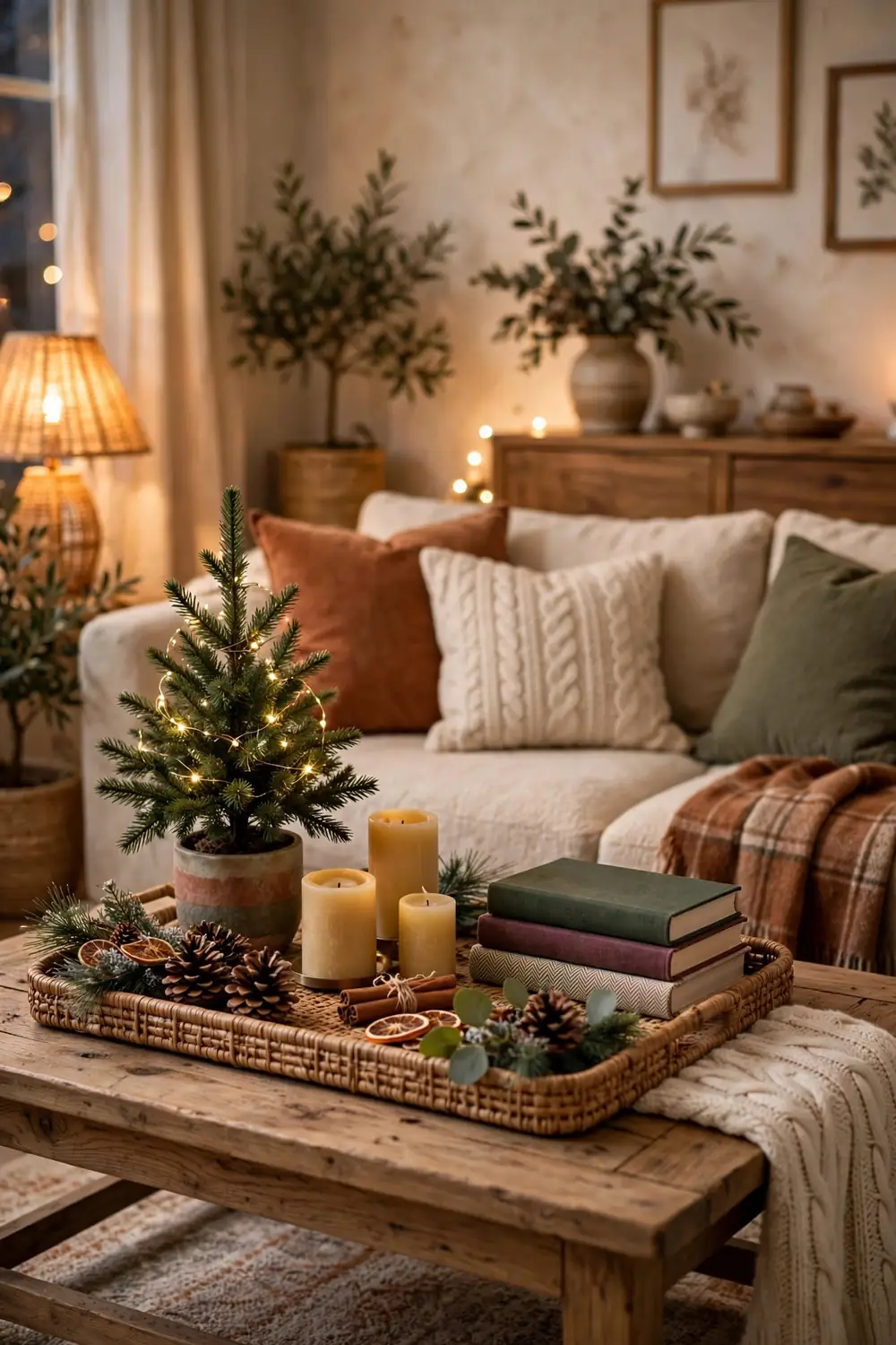 Coffee table styled as Christmas vignette with tray and candles