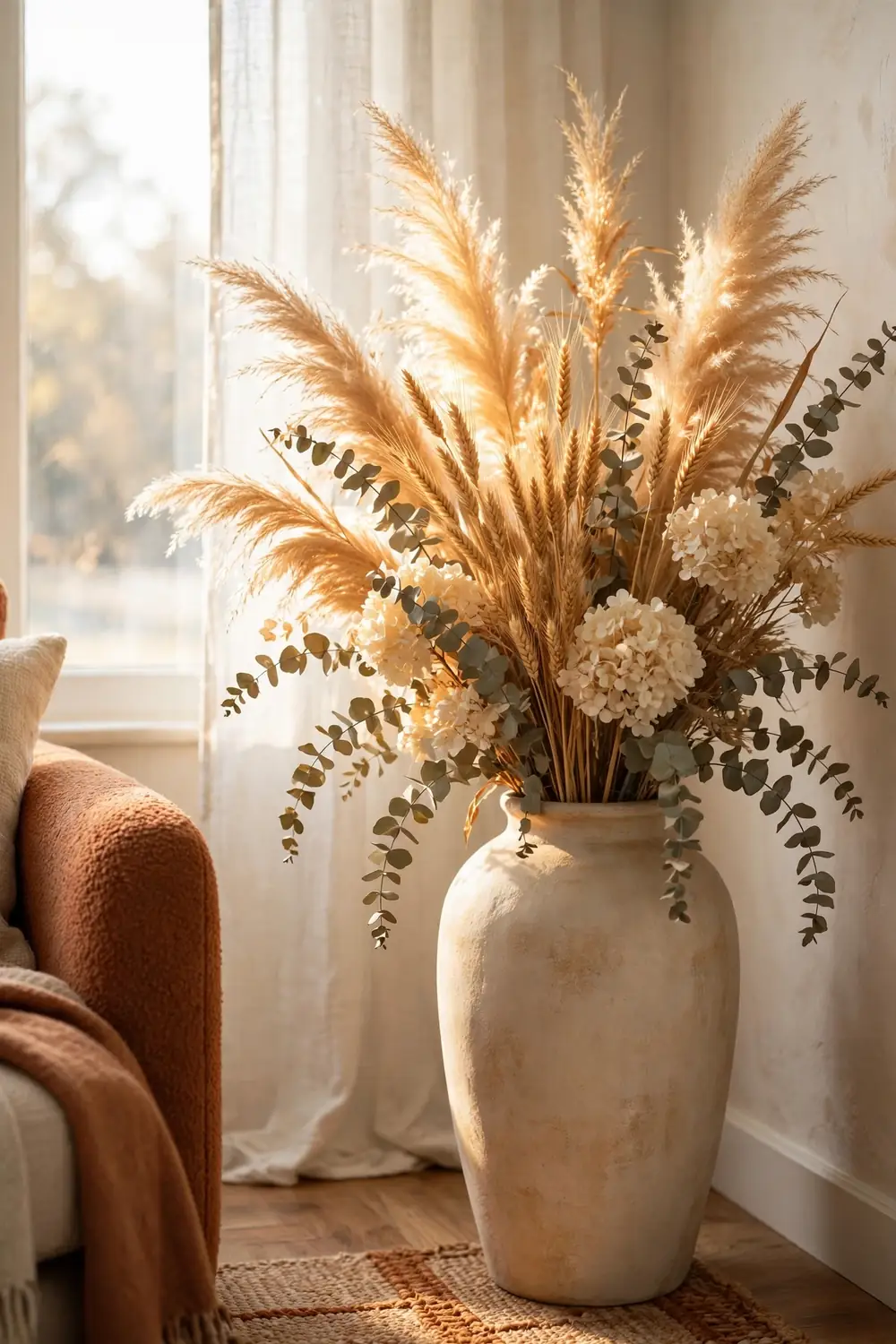 Dried Floral Statement Vase Tall vase of pampas grass and dried wheat in a living room corner, an elegant thanksgiving living room decor idea