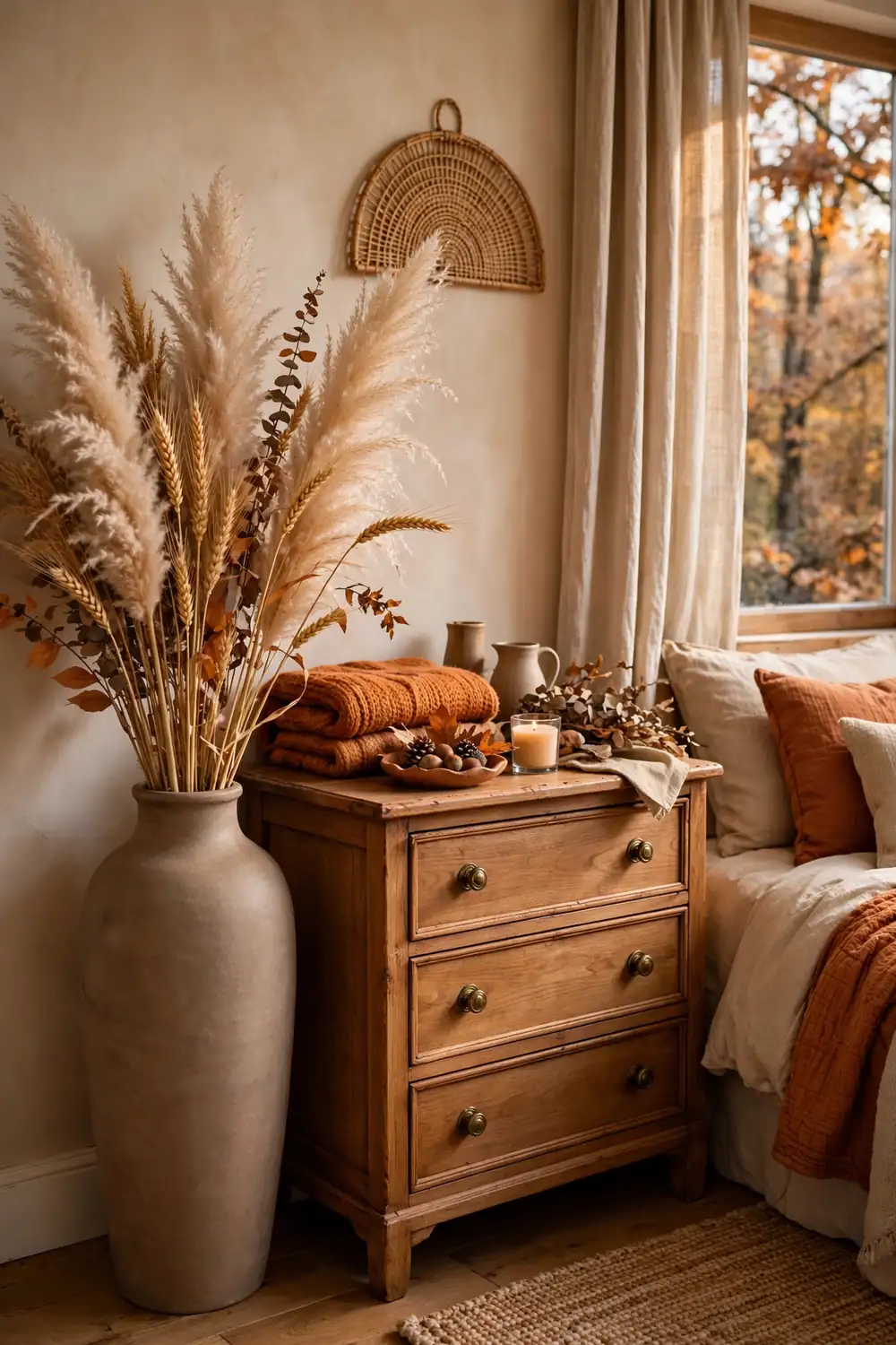Dried Pampas Grass and Wheat Arrangement Fall bedroom decor with dried pampas grass and wheat stems in a tall ceramic vase