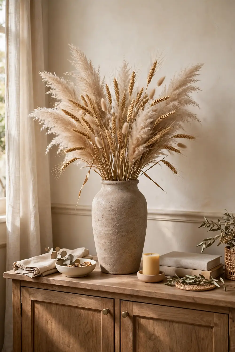 Dried Wheat and Pampas Grass Vase Cozy fall dining room with dried wheat and pampas grass in a tall stoneware vase on a sideboard