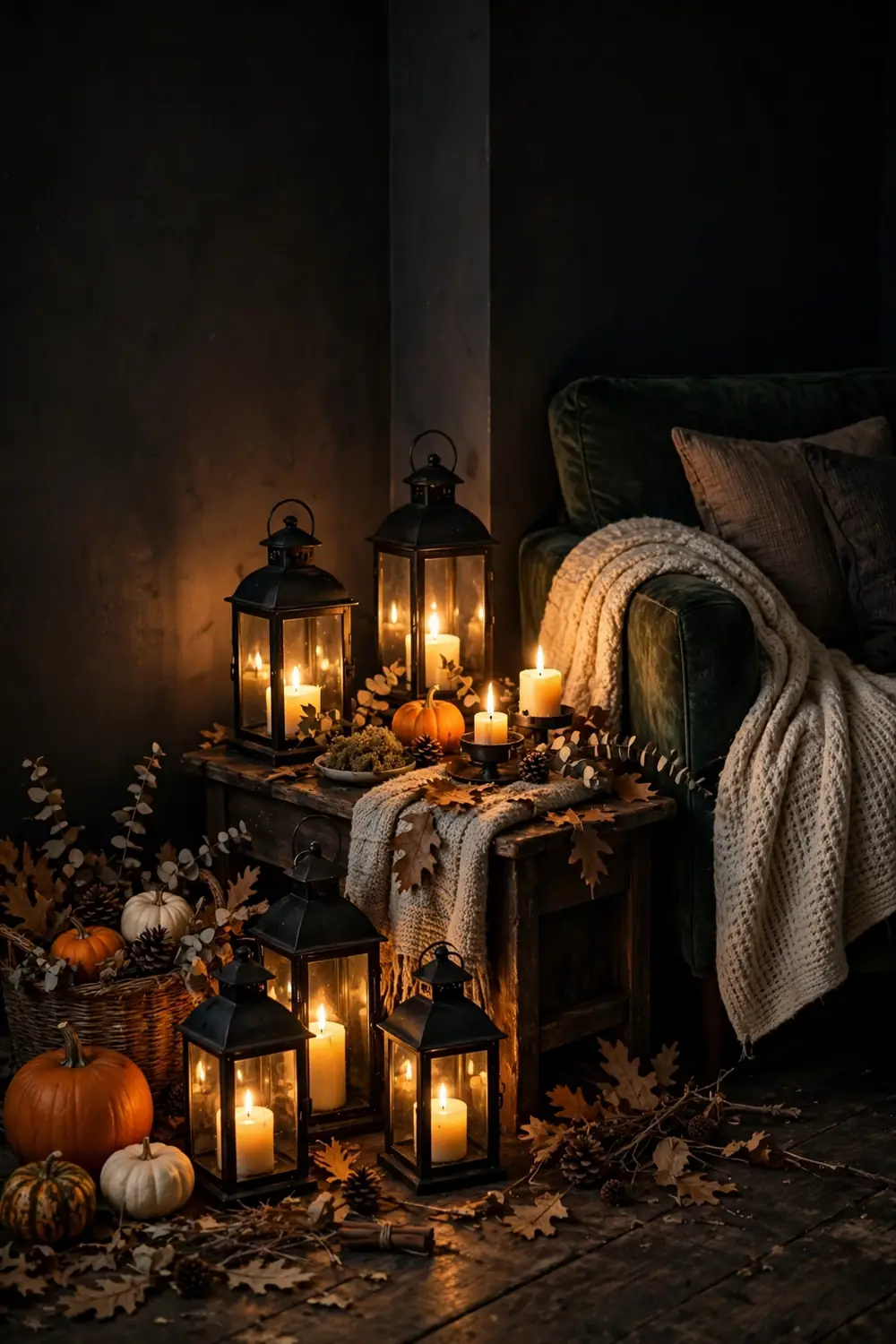Flickering Lanterns and Candles Flickering lanterns and candles halloween living room decor ideas glowing in a dark cozy corner
