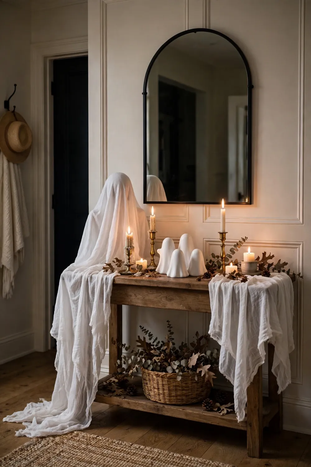 Ghostly console vignette for halloween entryway decor ideas