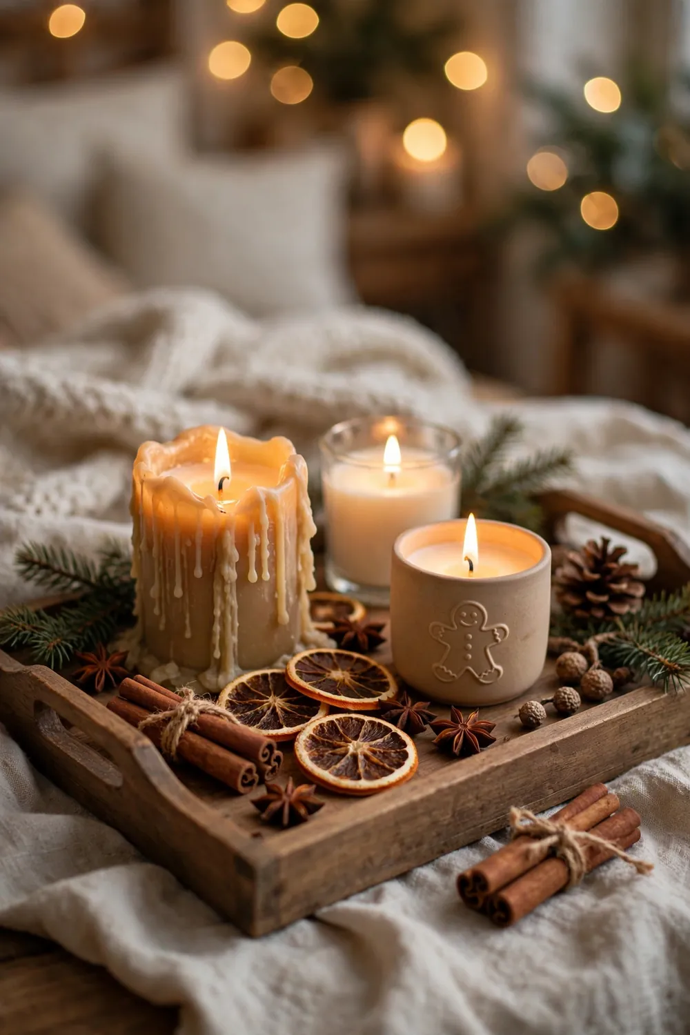 Gingerbread spice candles and cinnamon display Gingerbread Christmas decor ideas with spice candles and cinnamon sticks on a tray