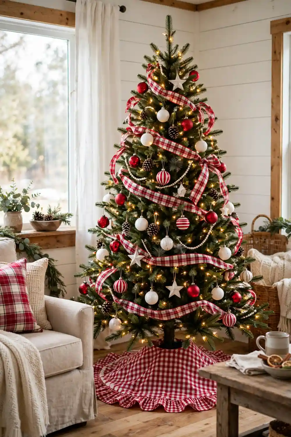 Gingham check Christmas tree skirt idea Red and white gingham check Christmas tree skirt with ruffled edge under a farmhouse tree
