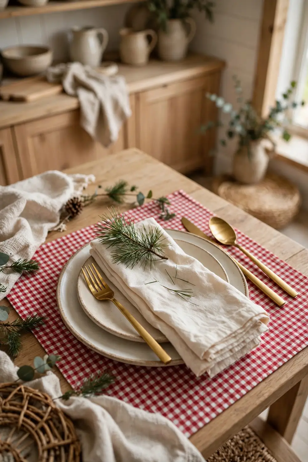 Gingham placemats with layered napkins on a gingham Christmas decor table