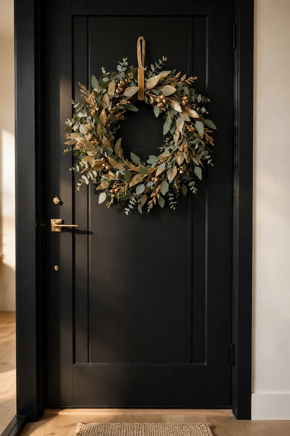 Modern gold dusted eucalyptus christmas wreath ideas on a black front door