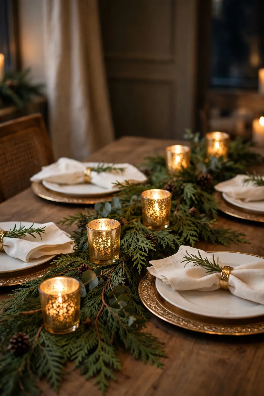 Gold Charger Christmas Tablescape Elegant Christmas dining table with gold chargers, white plates and candlelight centerpiece