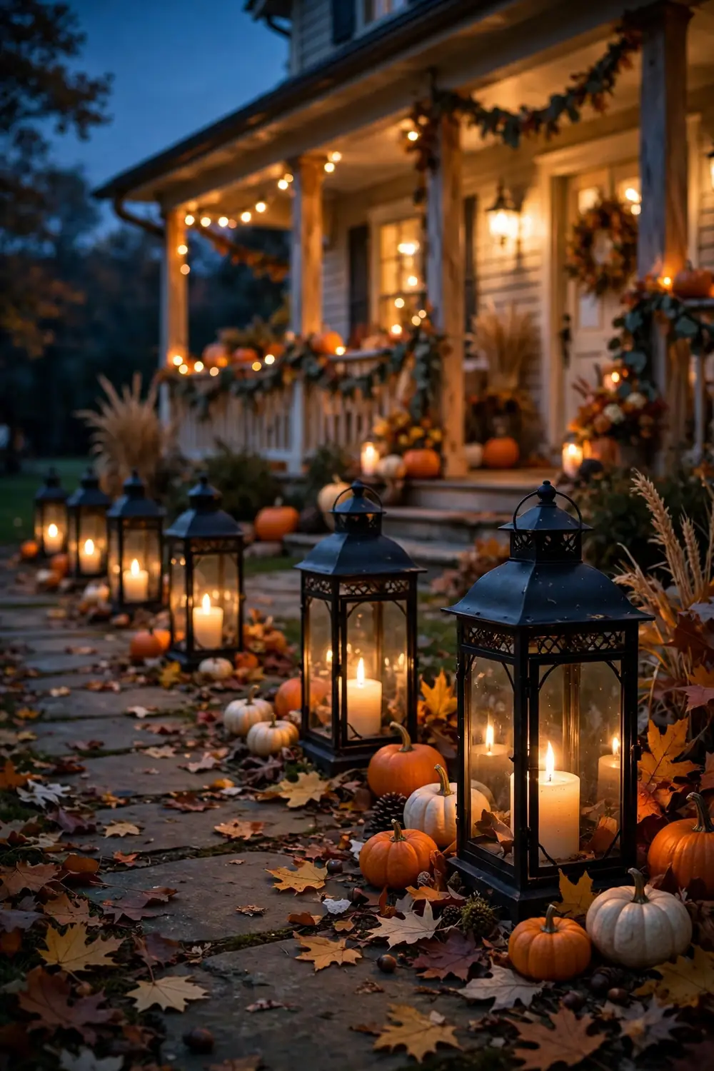 Glowing harvest lanterns lining the walkway, a magical thanksgiving porch decor idea