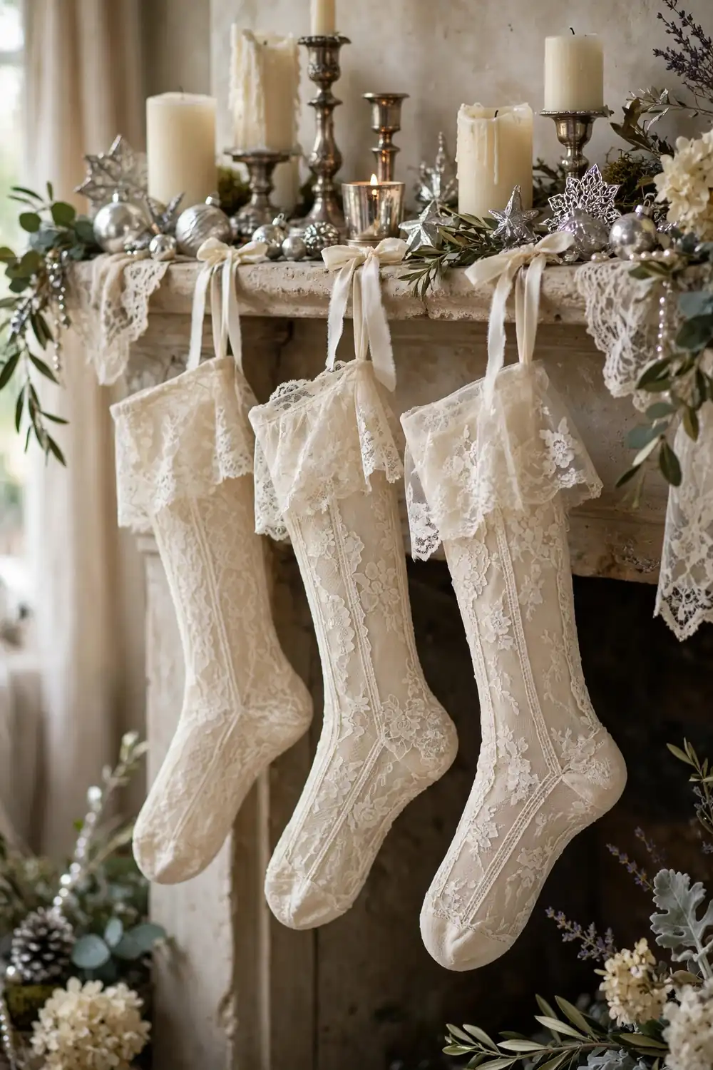 Heirloom Lace Christmas Stocking Decor Ideas Heirloom lace christmas stocking decor ideas in ivory on a romantic mantel