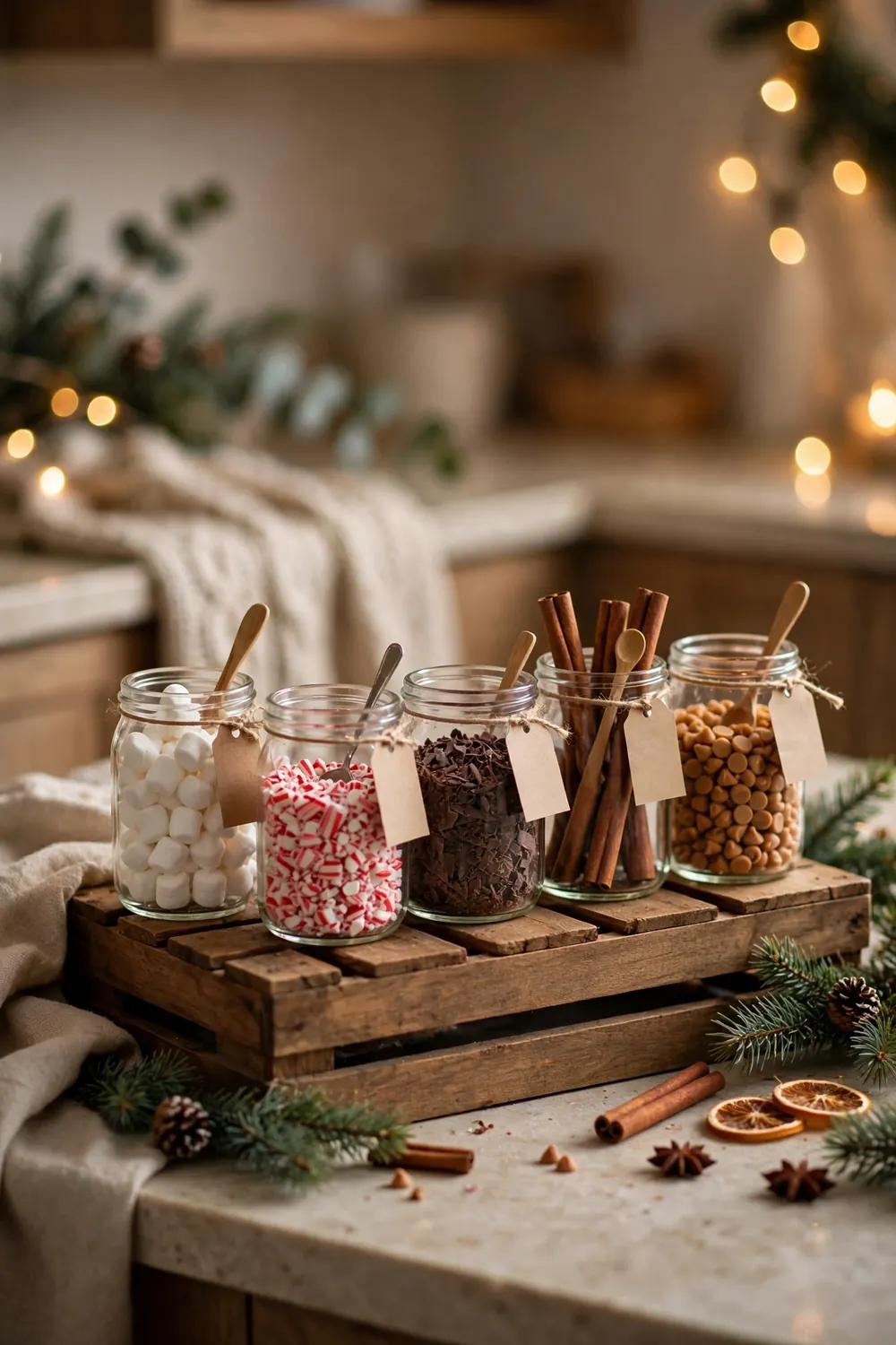 Hot Cocoa Toppings Station Hot cocoa toppings station in glass jars, sweet christmas coffee bar decor ideas for guests