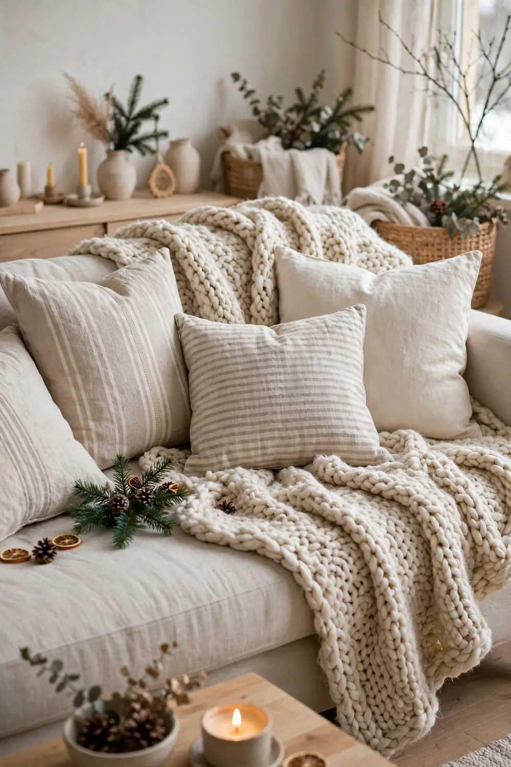 Knit and linen textiles layered for a hygge Christmas Cream knit throw and linen cushions layered on a sofa for a hygge Christmas look