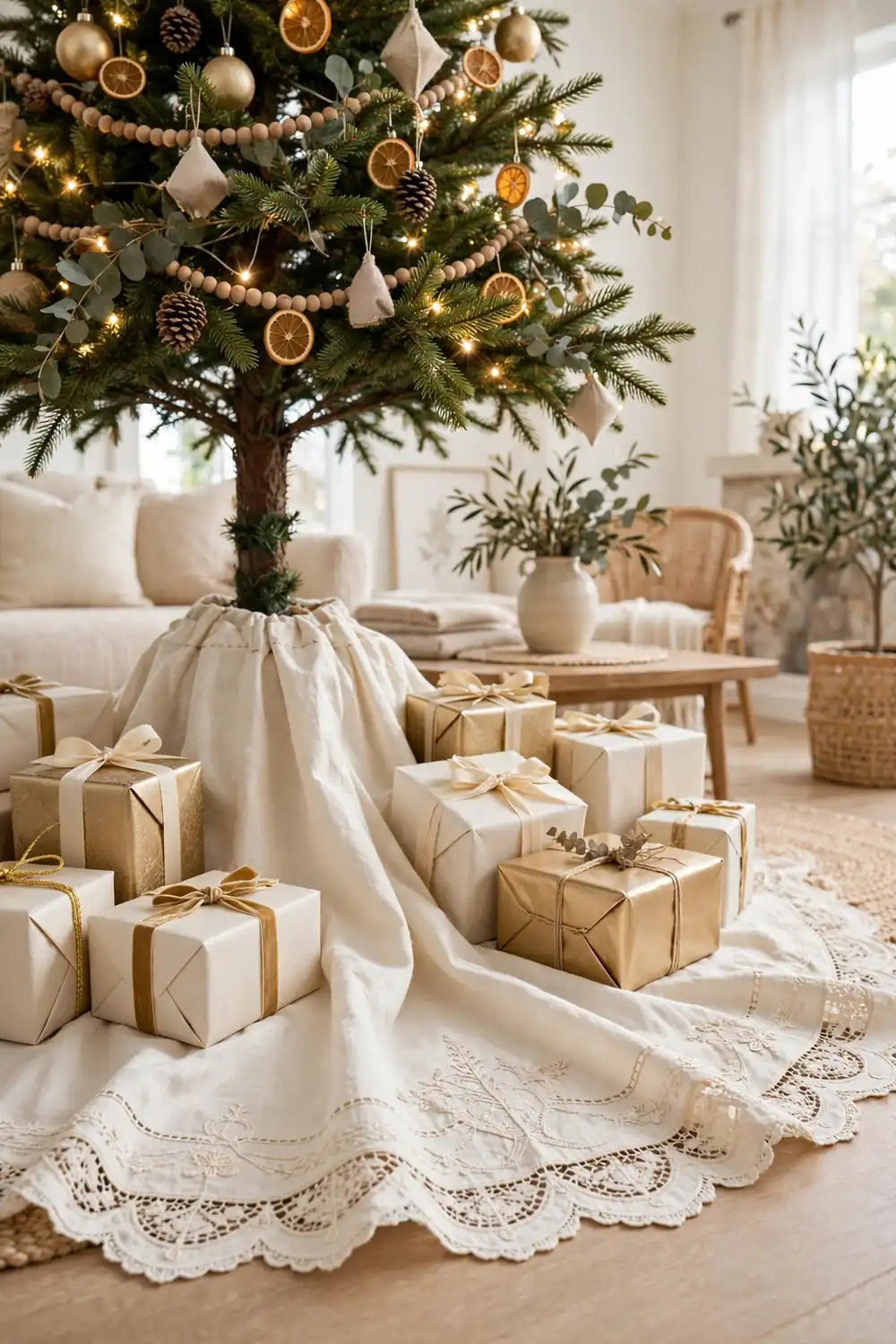 Heirloom lace Christmas tree skirt with stitched details under a decorated tree
