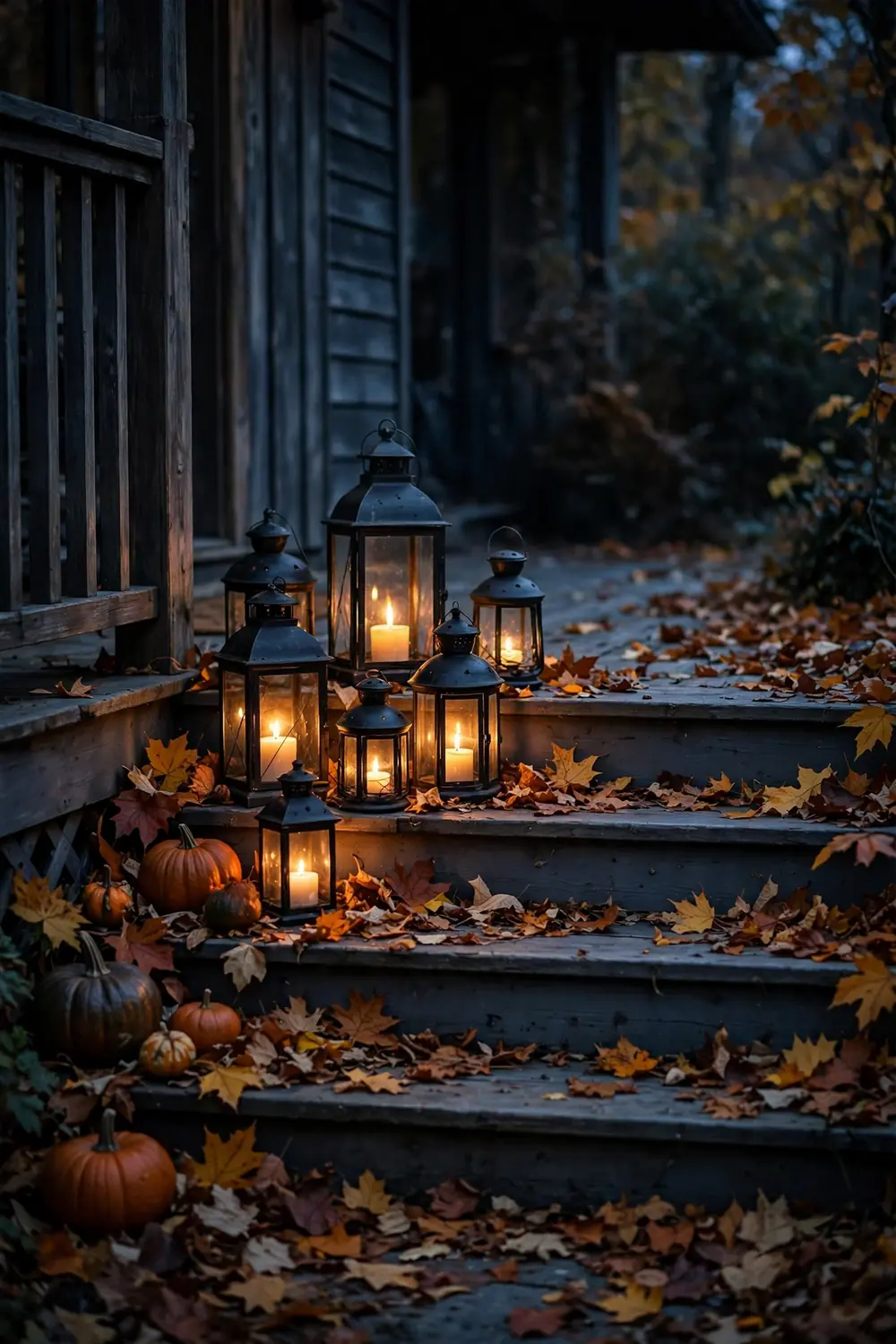 Candlelit Lantern Cluster on the Steps Halloween porch decor with black metal lanterns glowing with candlelight on porch steps
