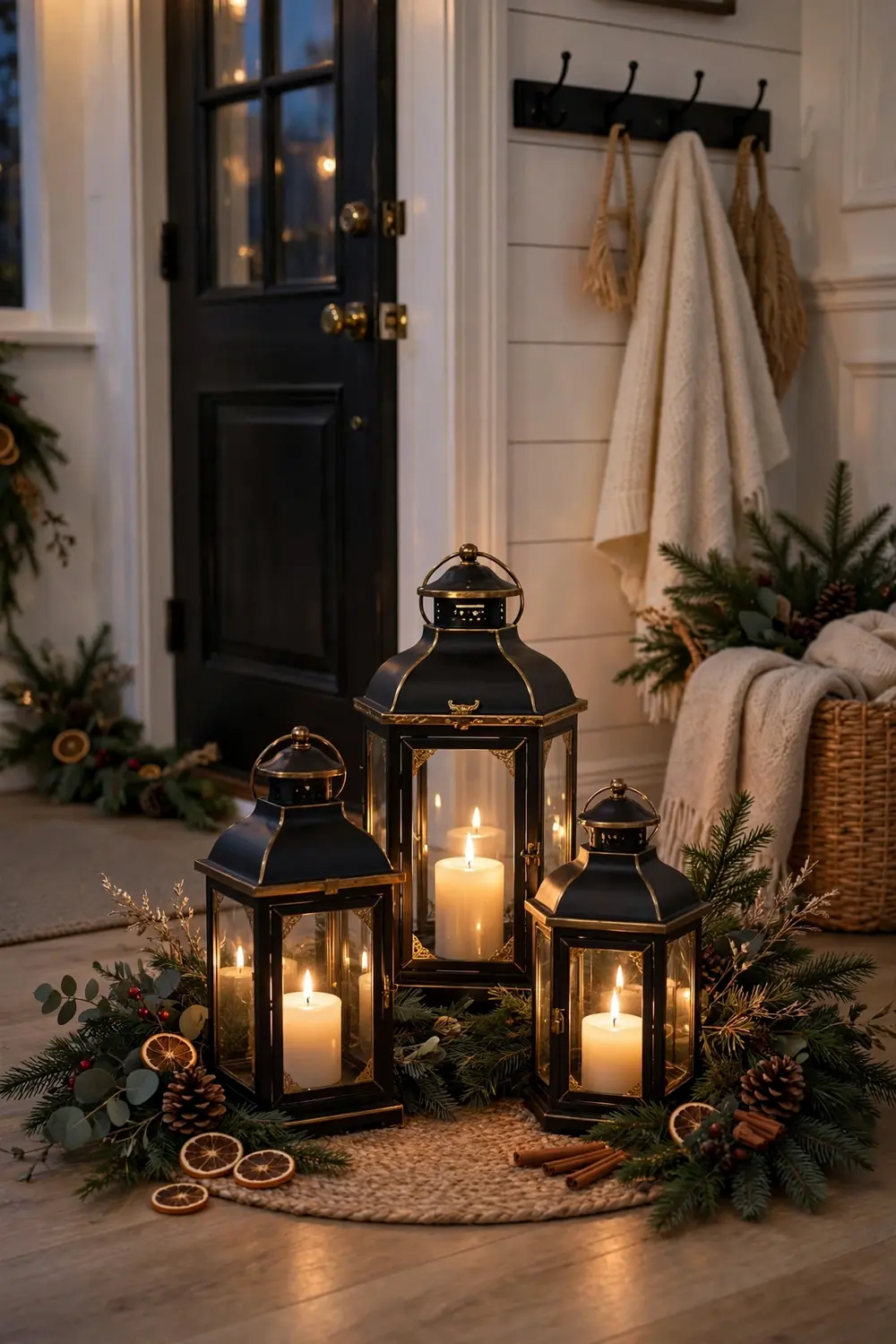 Lantern cluster with lit candles glowing on the entryway floor Cluster of lanterns with lit candles on the entryway floor, warm christmas entryway decor ideas for evening glow