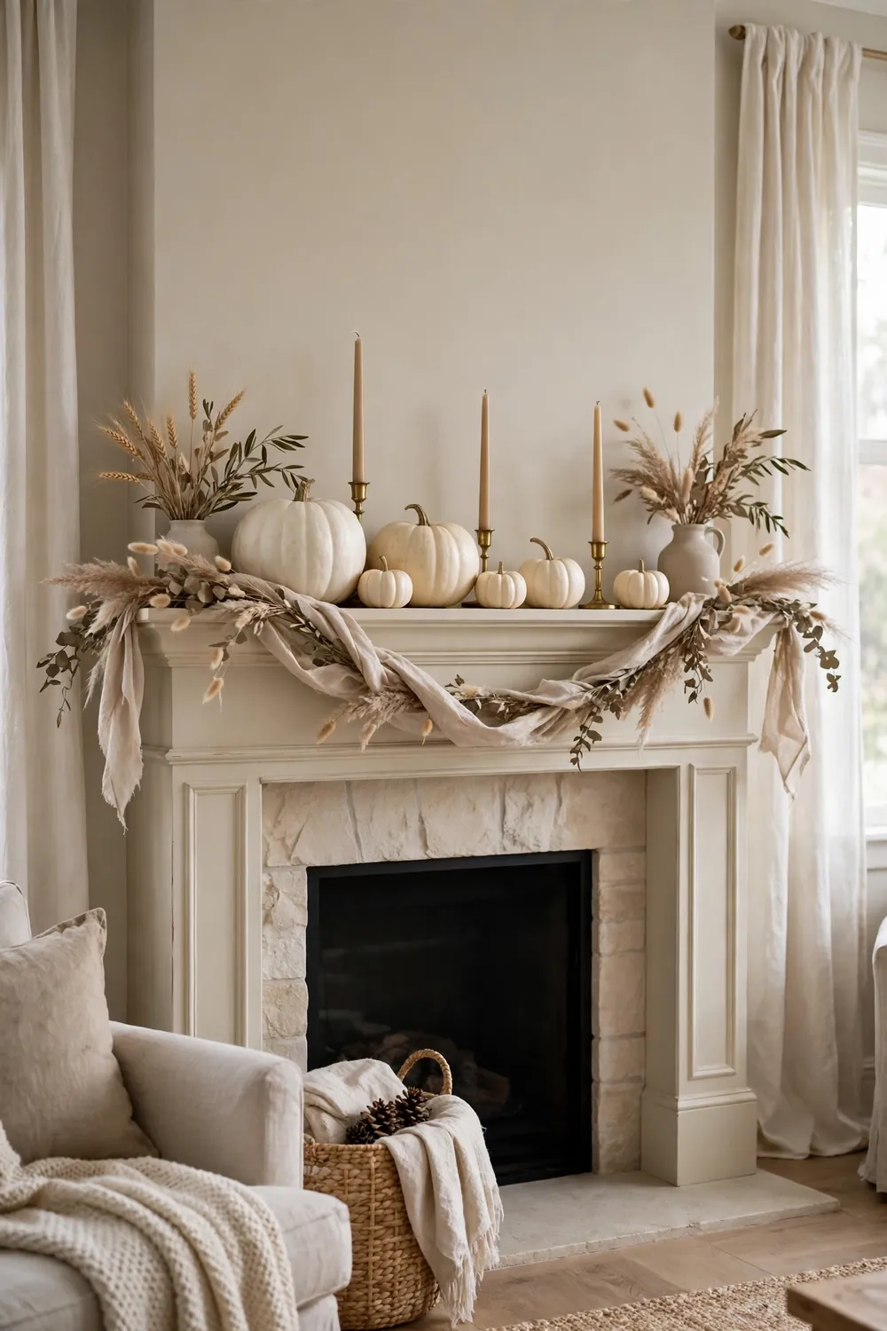 Thanksgiving mantel decor ideas in neutral cream with white pumpkins, beige candles, and linen garland