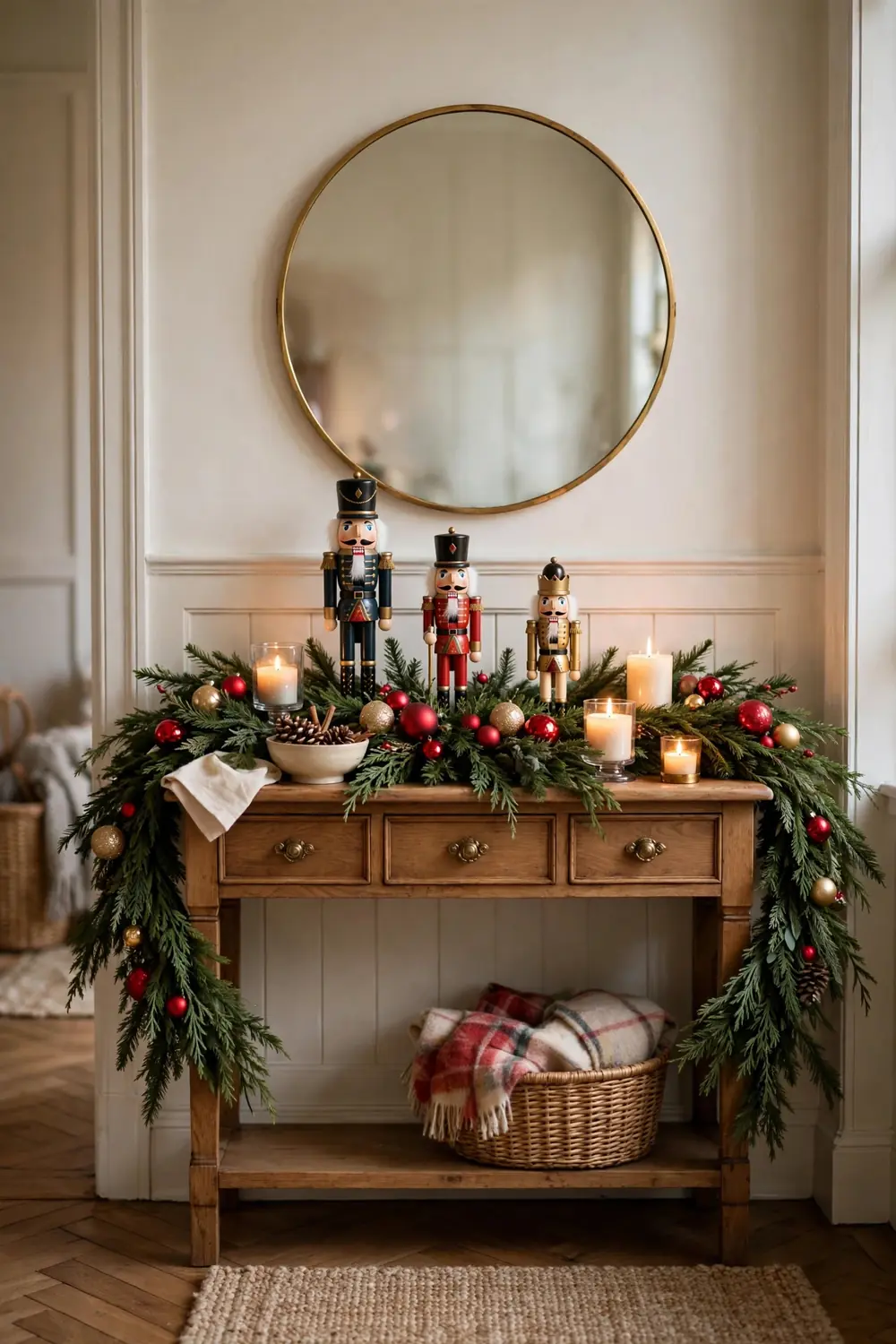 Nostalgic nutcracker christmas garland decor ideas with red and gold ornaments on an entryway console